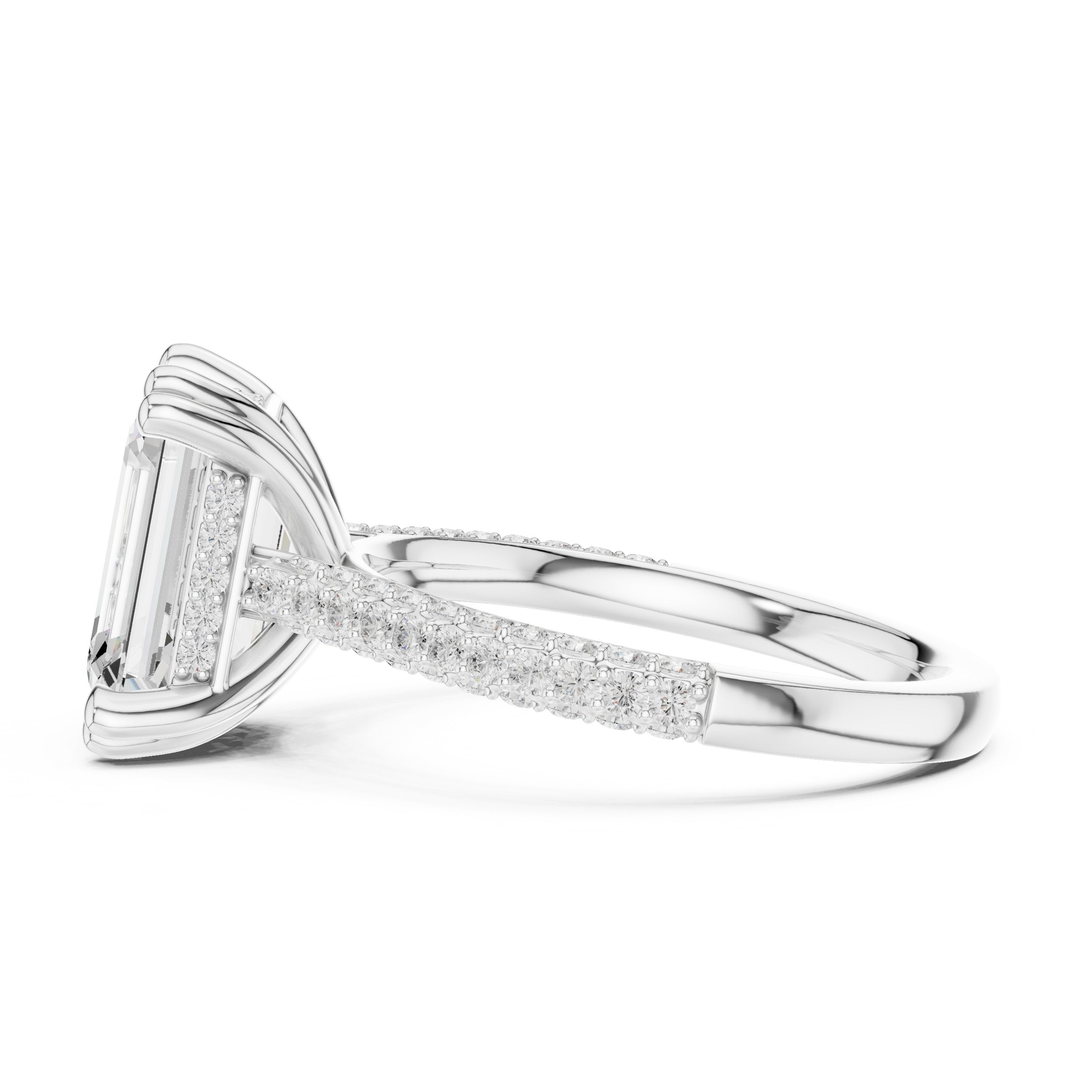 Emerald Cut Engagement Ring with Pavé Band and Cathedral Setting in White Gold - VYKA Diamonds