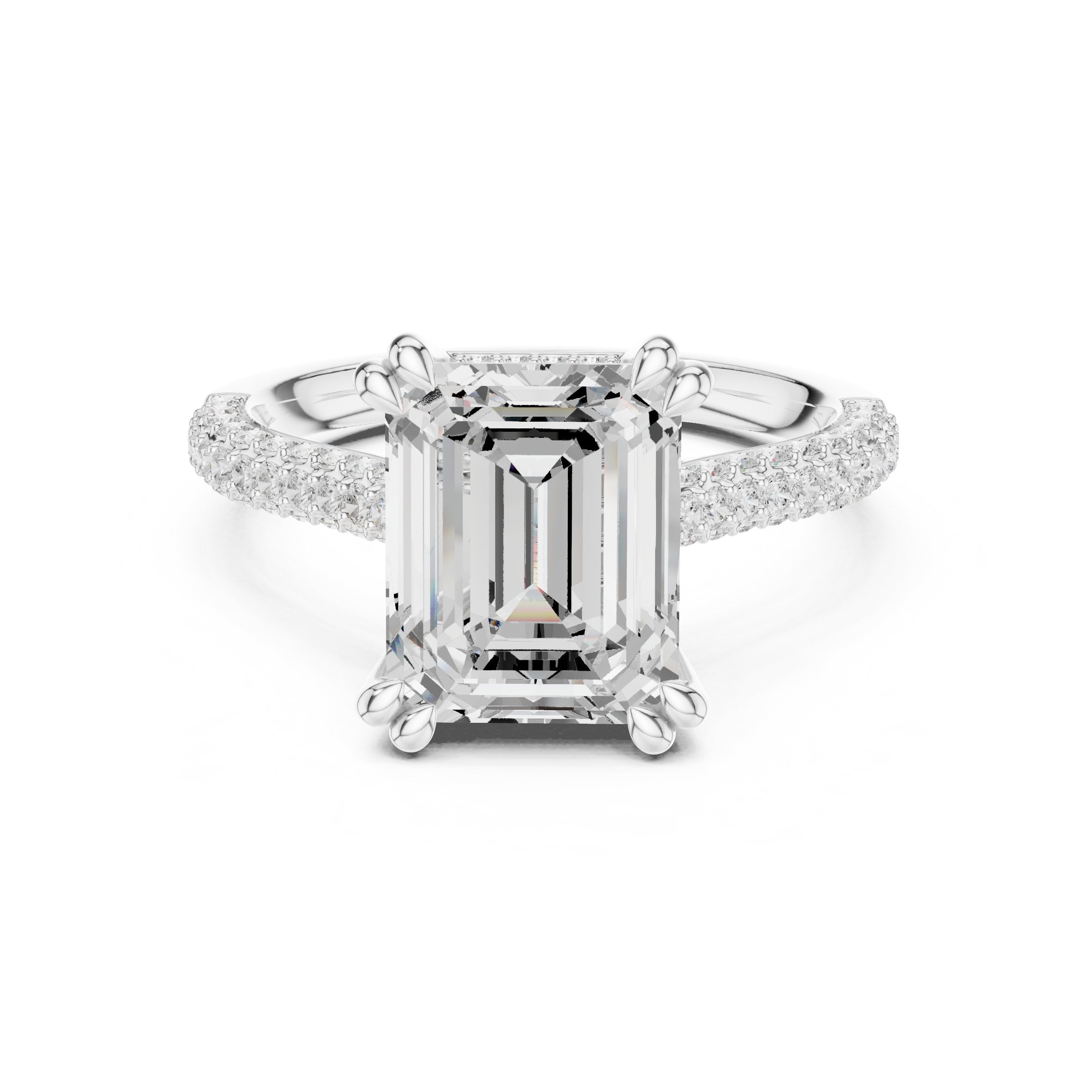 Emerald Cut Engagement Ring with Pavé Band and Cathedral Setting in White Gold - VYKA Diamonds