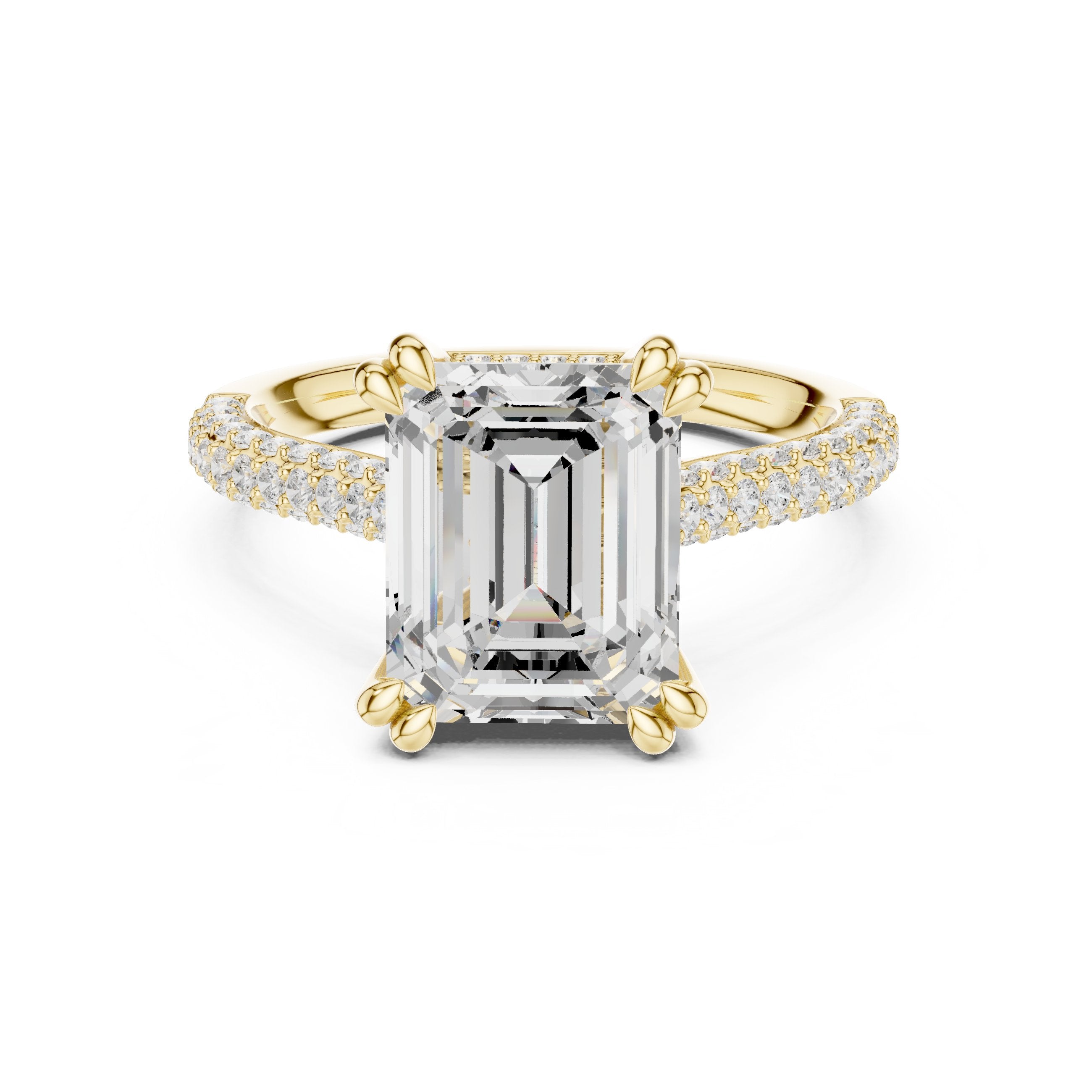 Emerald Cut Engagement Ring with Pavé Band and Cathedral Setting in Yellow Gold - VYKA Diamonds