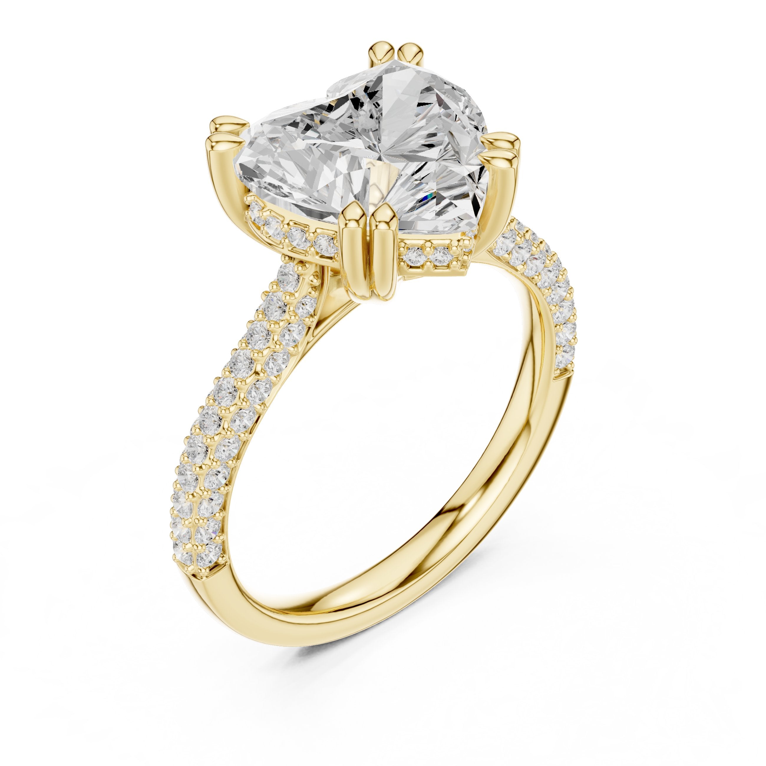 Heart Diamond Engagement Ring with Multi-Row Pavé Band in Yellow Gold - VYKA Diamonds