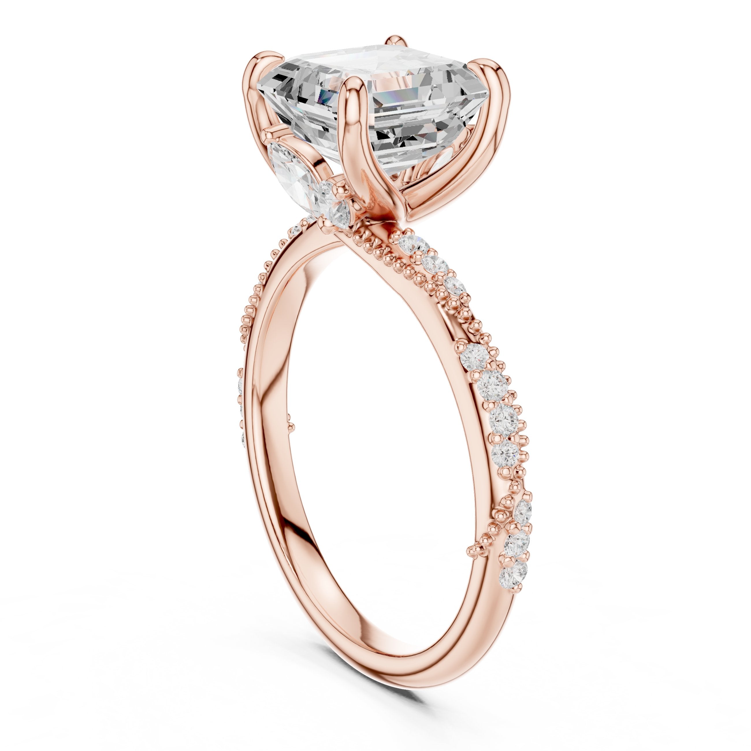Asscher Cut Engagement Ring with Twisted Pavé Band in Rose Gold - VYKA Diamonds