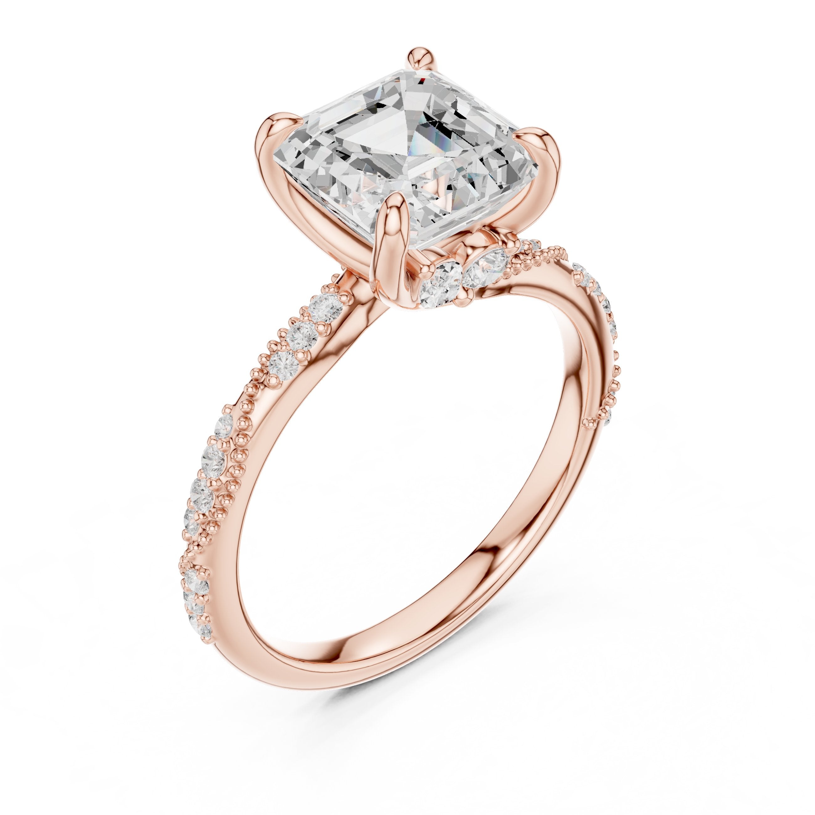 Asscher Cut Engagement Ring with Twisted Pavé Band in Rose Gold - VYKA Diamonds