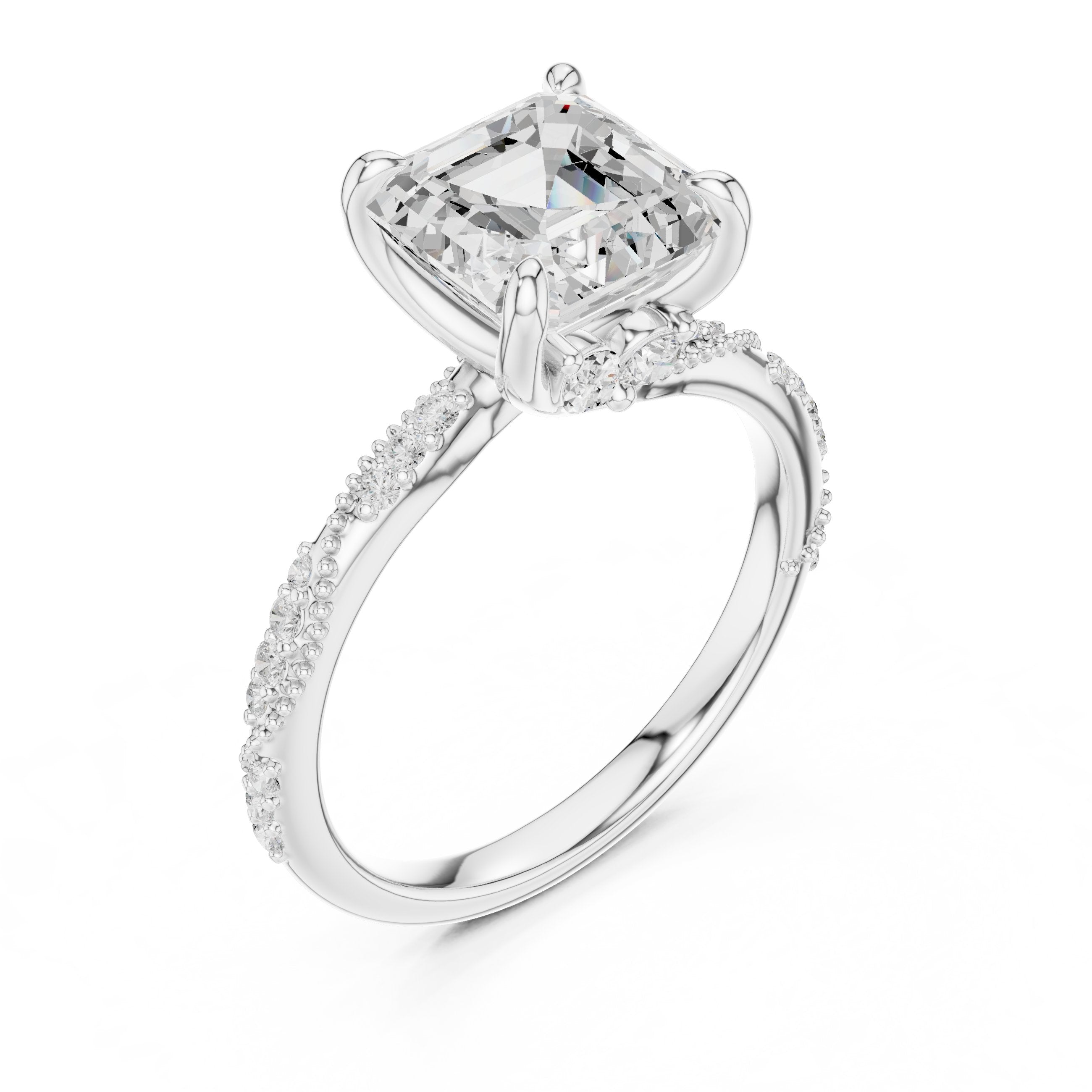 Asscher Cut Engagement Ring with Twisted Pavé Band in White Gold - VYKA Diamonds