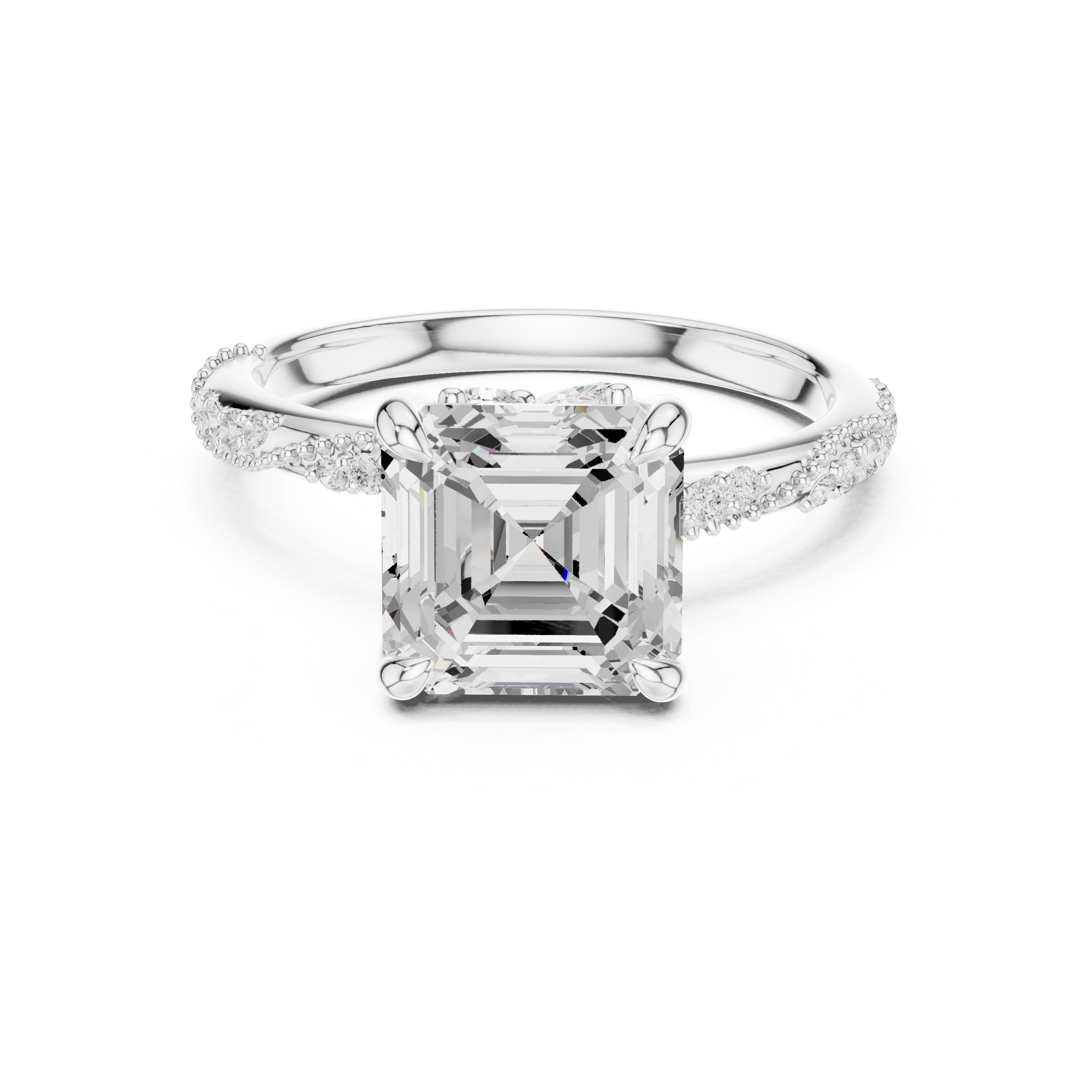 Asscher Cut Engagement Ring with Twisted Pavé Band in White Gold - VYKA Diamonds