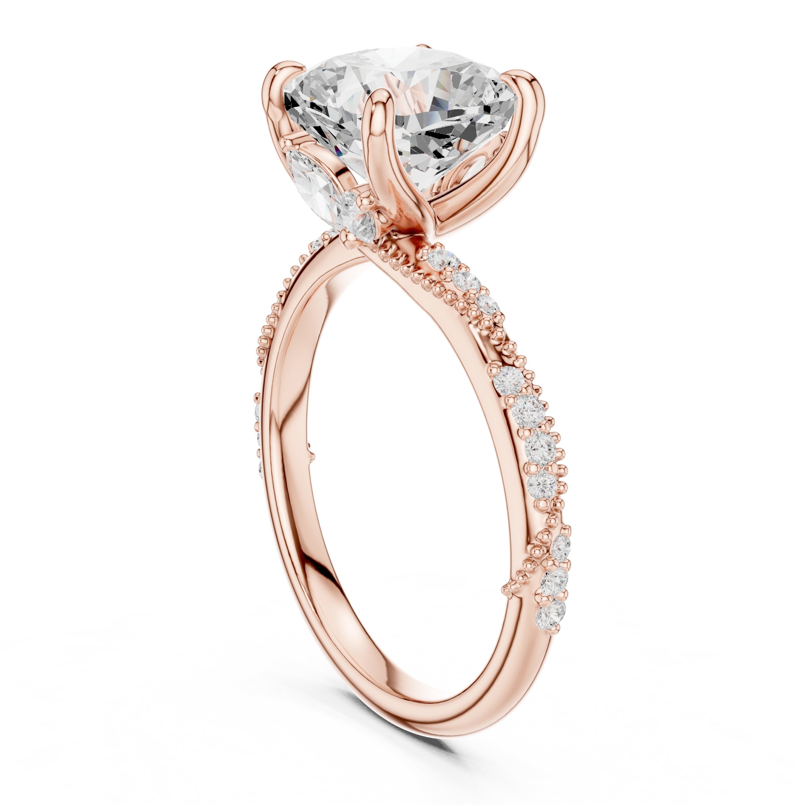 Cushion Cut Engagement Ring with Twisted Vine Pavé Band in Rose Gold - VYKA Diamonds