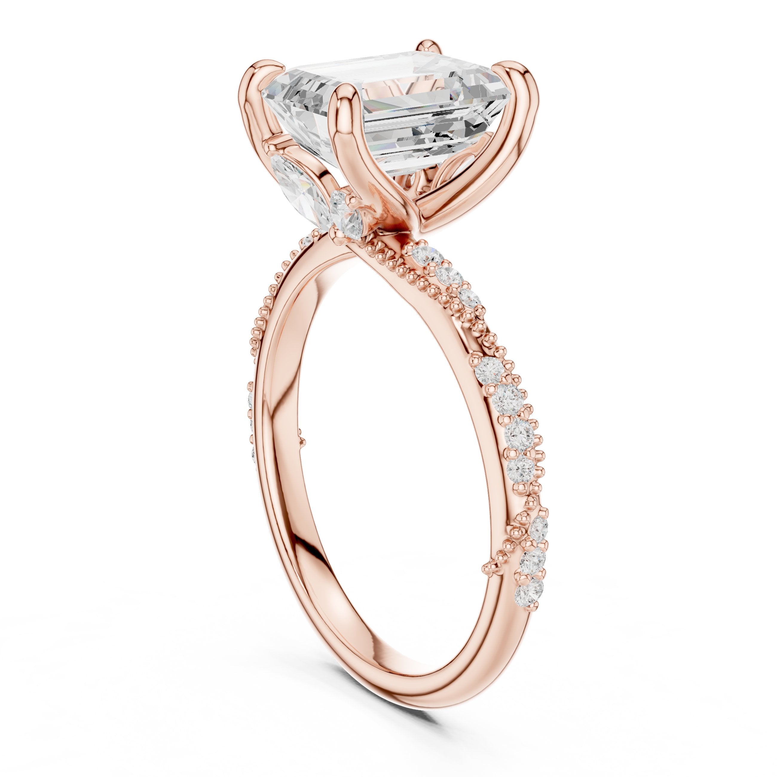 Emerald Cut Engagement Ring with Twisted Vine Pavé Band in Rose Gold - VYKA Diamonds