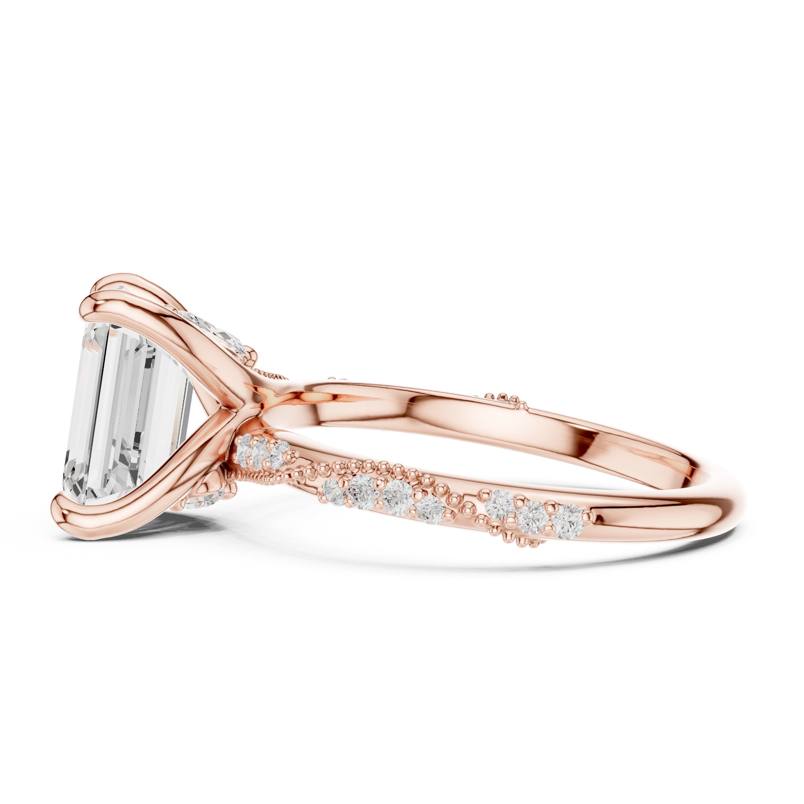 Emerald Cut Engagement Ring with Twisted Vine Pavé Band in Rose Gold - VYKA Diamonds