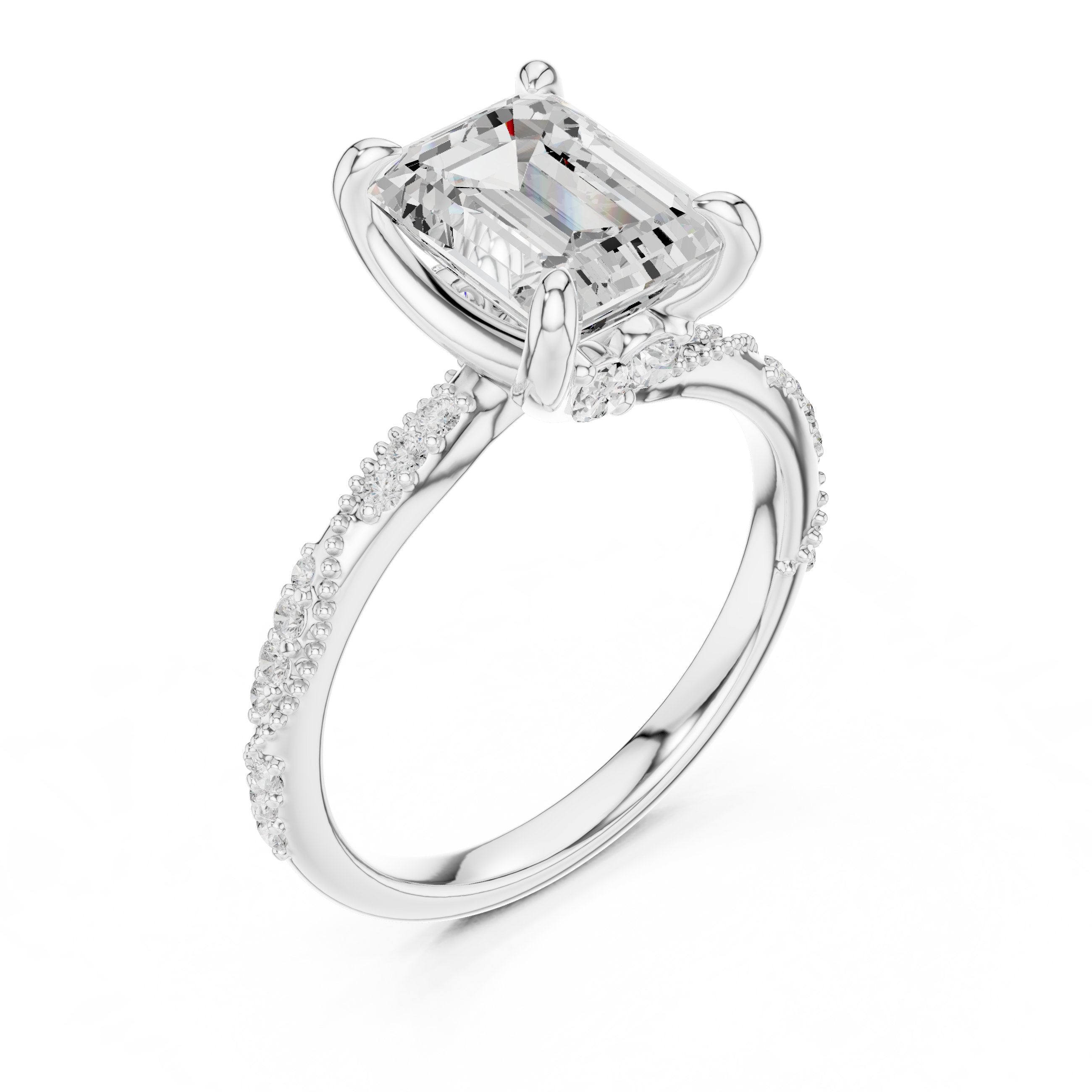 Emerald Cut Engagement Ring with Twisted Vine Pavé Band in White Gold - VYKA Diamonds
