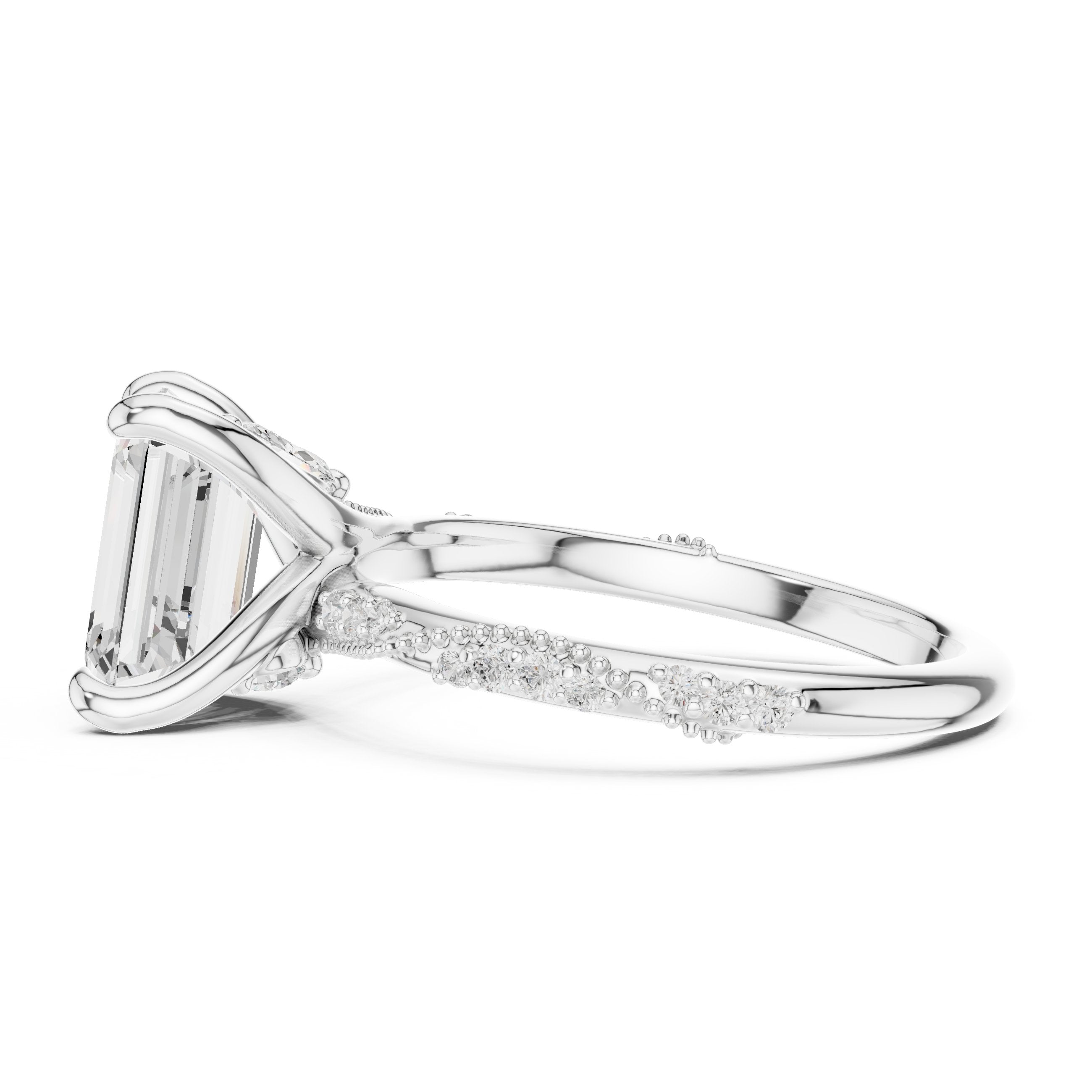 Emerald Cut Engagement Ring with Twisted Vine Pavé Band in White Gold - VYKA Diamonds