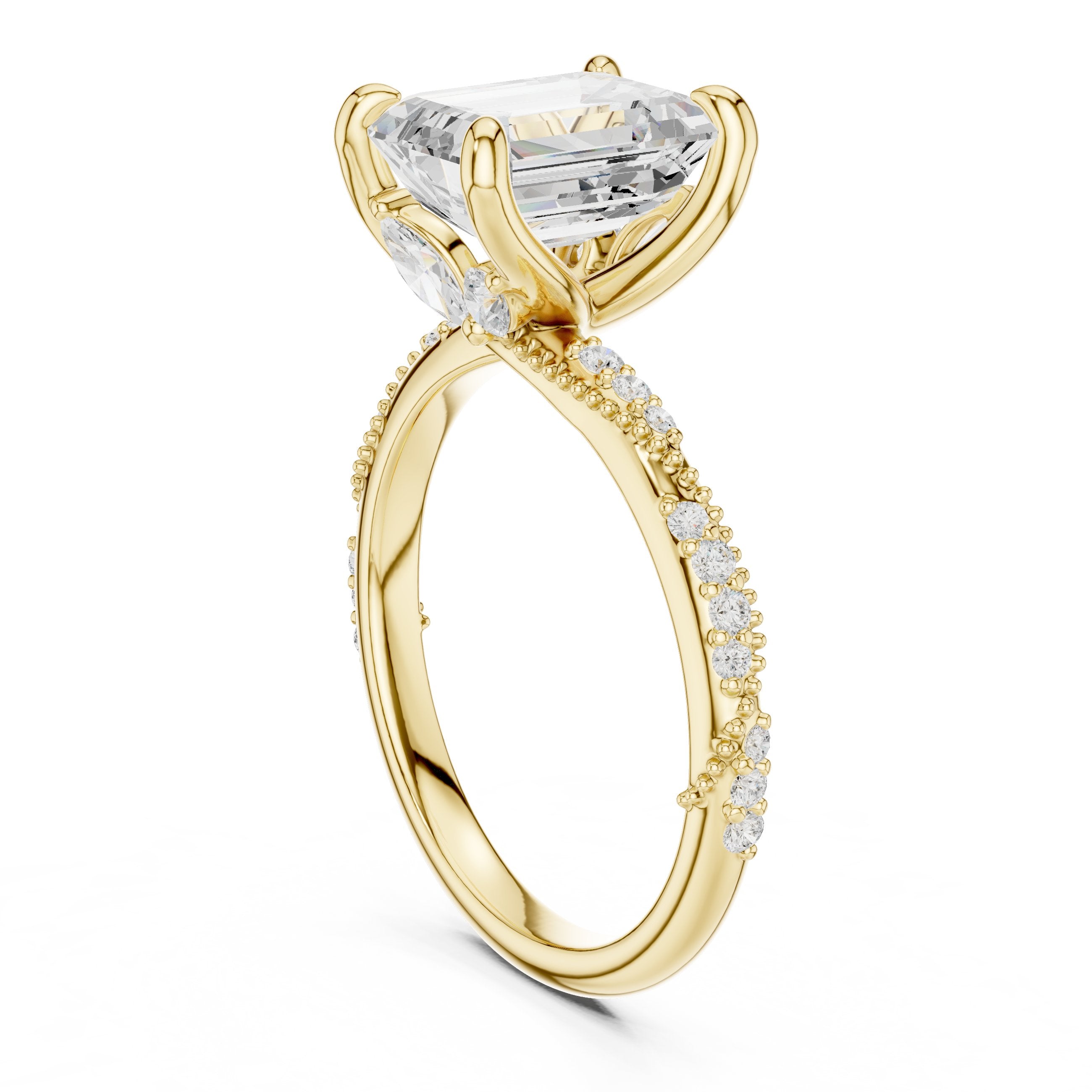 Emerald Cut Engagement Ring with Twisted Vine Pavé Band in Yellow Gold - VYKA Diamonds