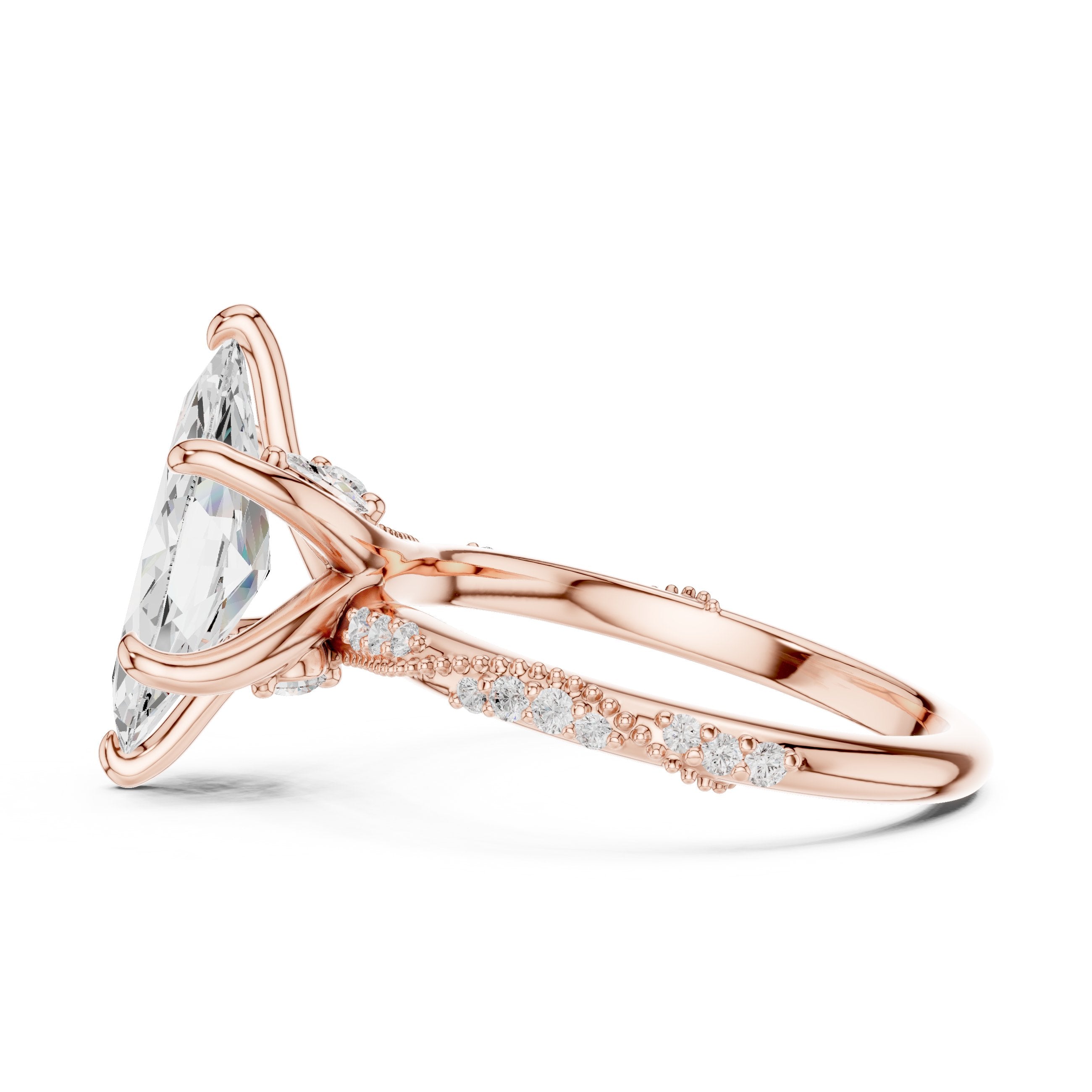 Marquise Cut Engagement Ring with Twisted Vine Pavé Band in Rose Gold - VYKA Diamonds