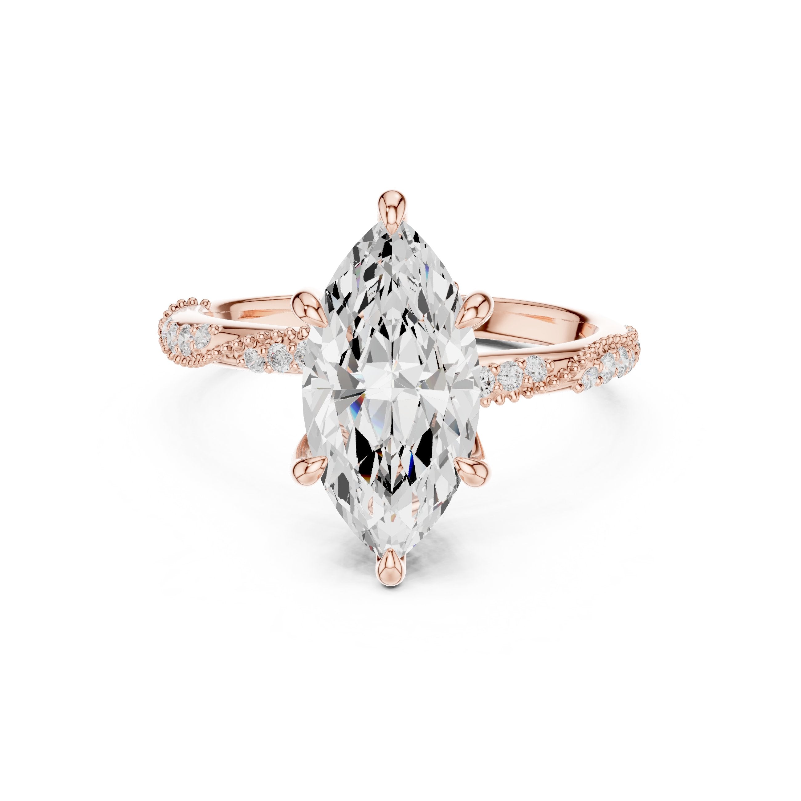 Marquise Cut Engagement Ring with Twisted Vine Pavé Band in Rose Gold - VYKA Diamonds