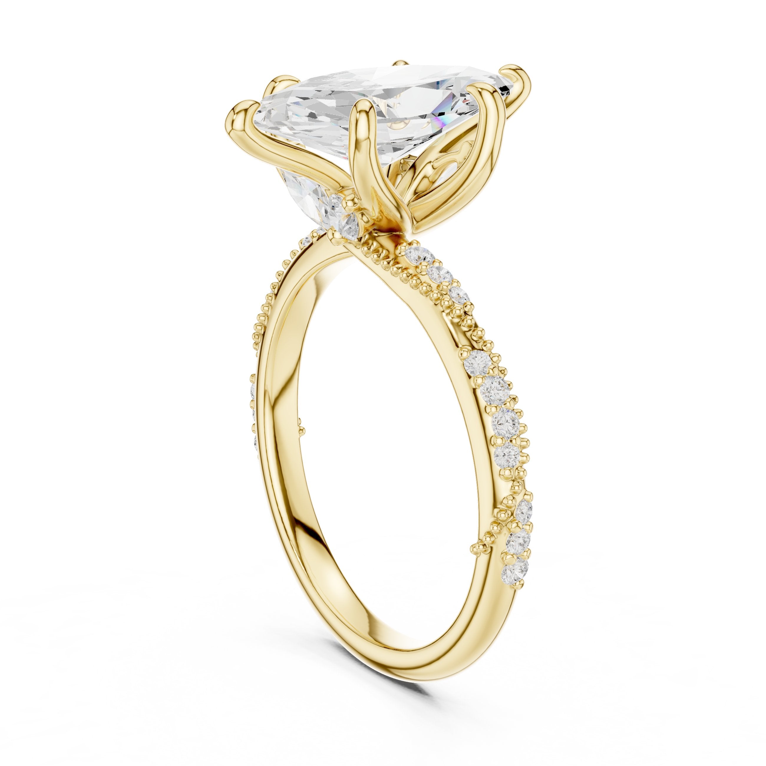 Marquise Cut Engagement Ring with Twisted Vine Pavé Band in Yellow Gold - VYKA Diamonds