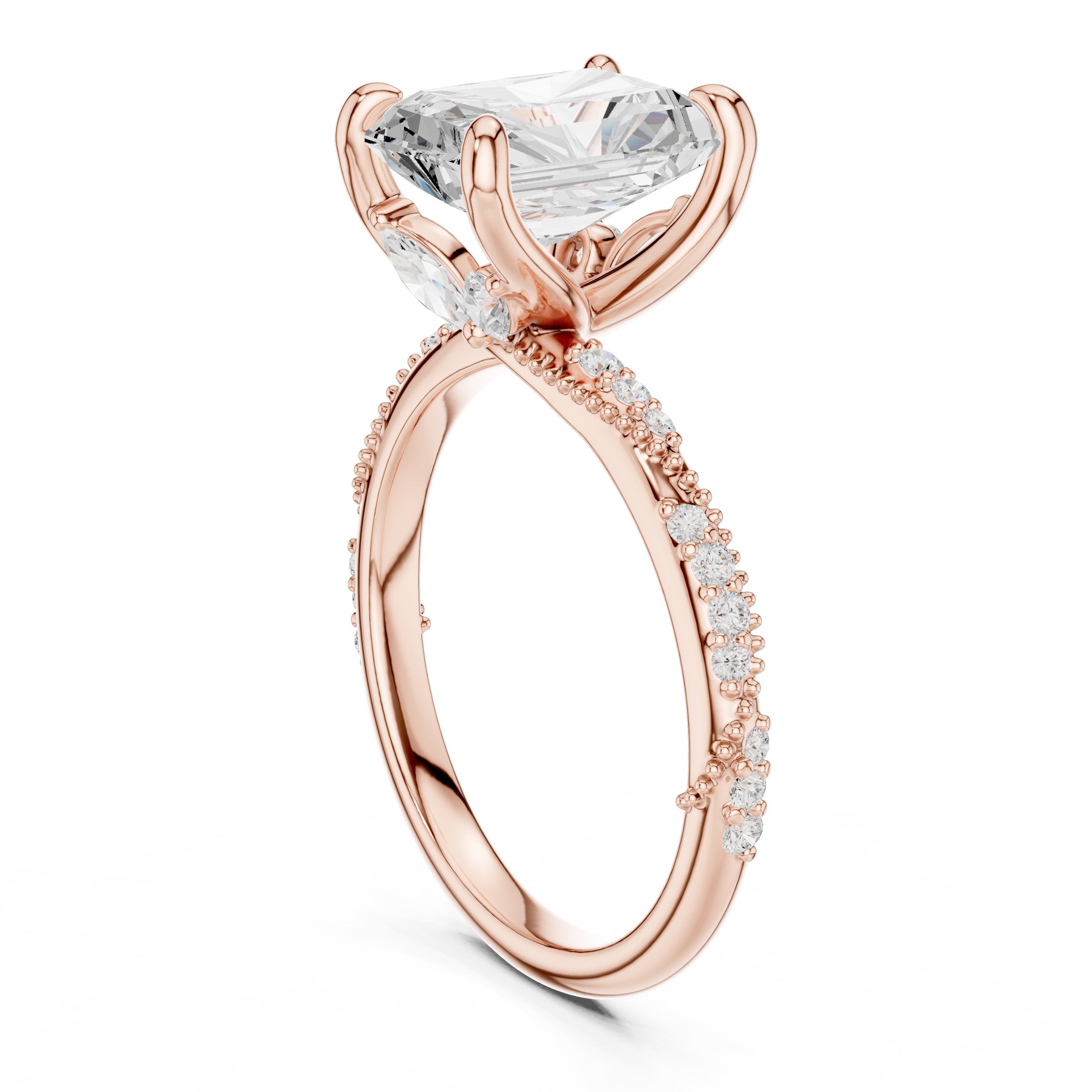 Radiant Cut Engagement Ring with Twisted Pavé Band in Rose Gold - VYKA Diamonds