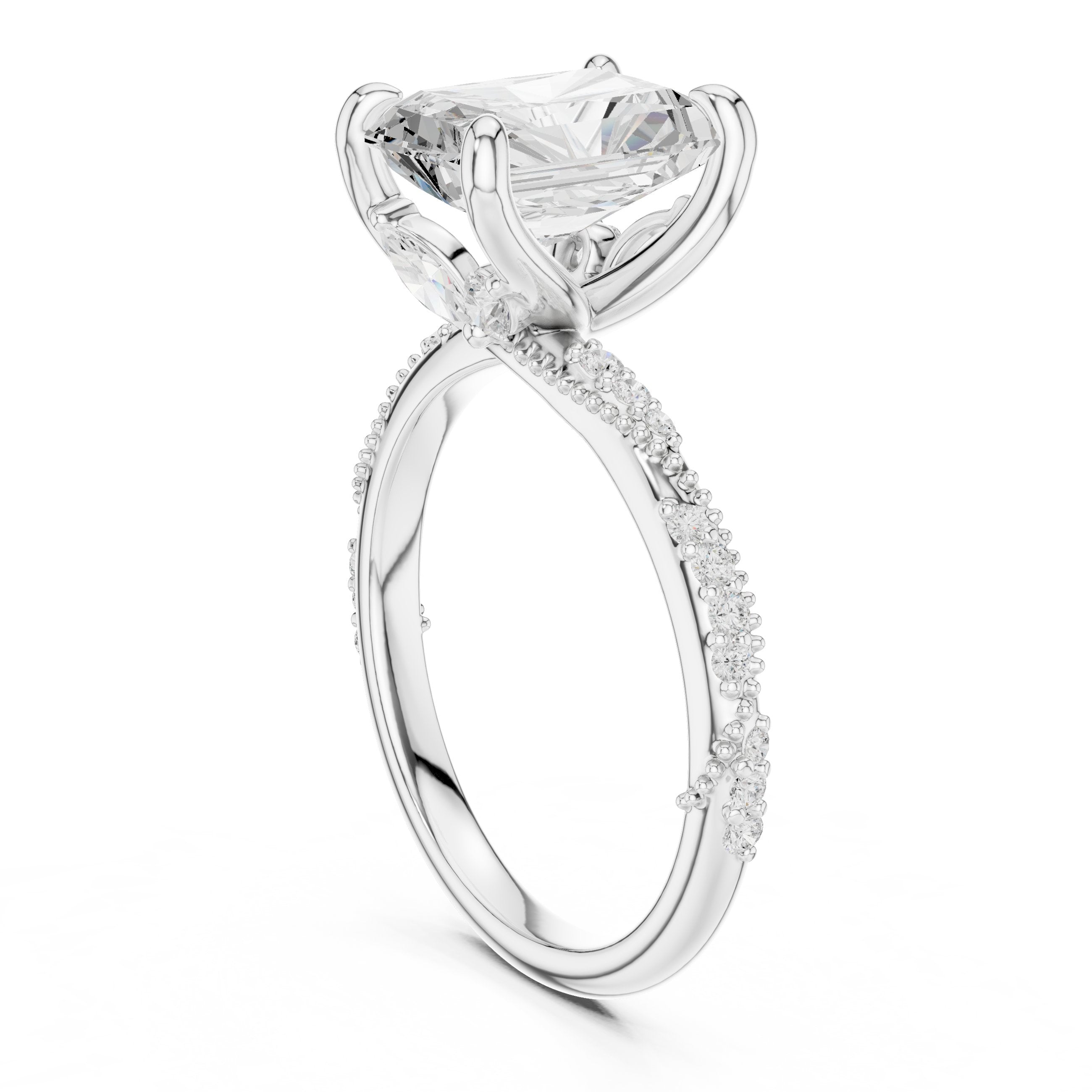 Radiant Cut Engagement Ring with Twisted Pavé Band in White Gold - VYKA Diamonds