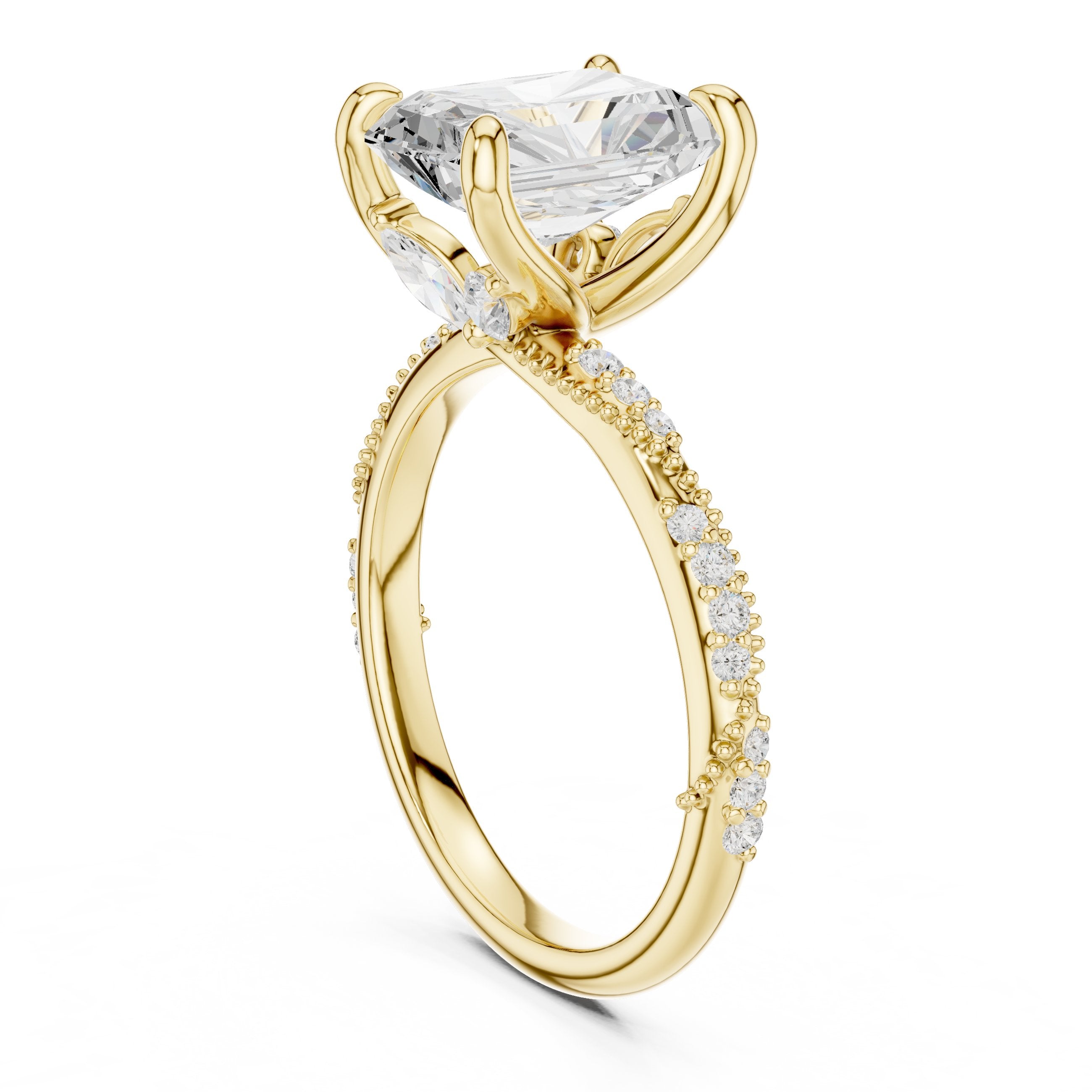 Radiant Cut Engagement Ring with Twisted Pavé Band in Yellow Gold - VYKA Diamonds