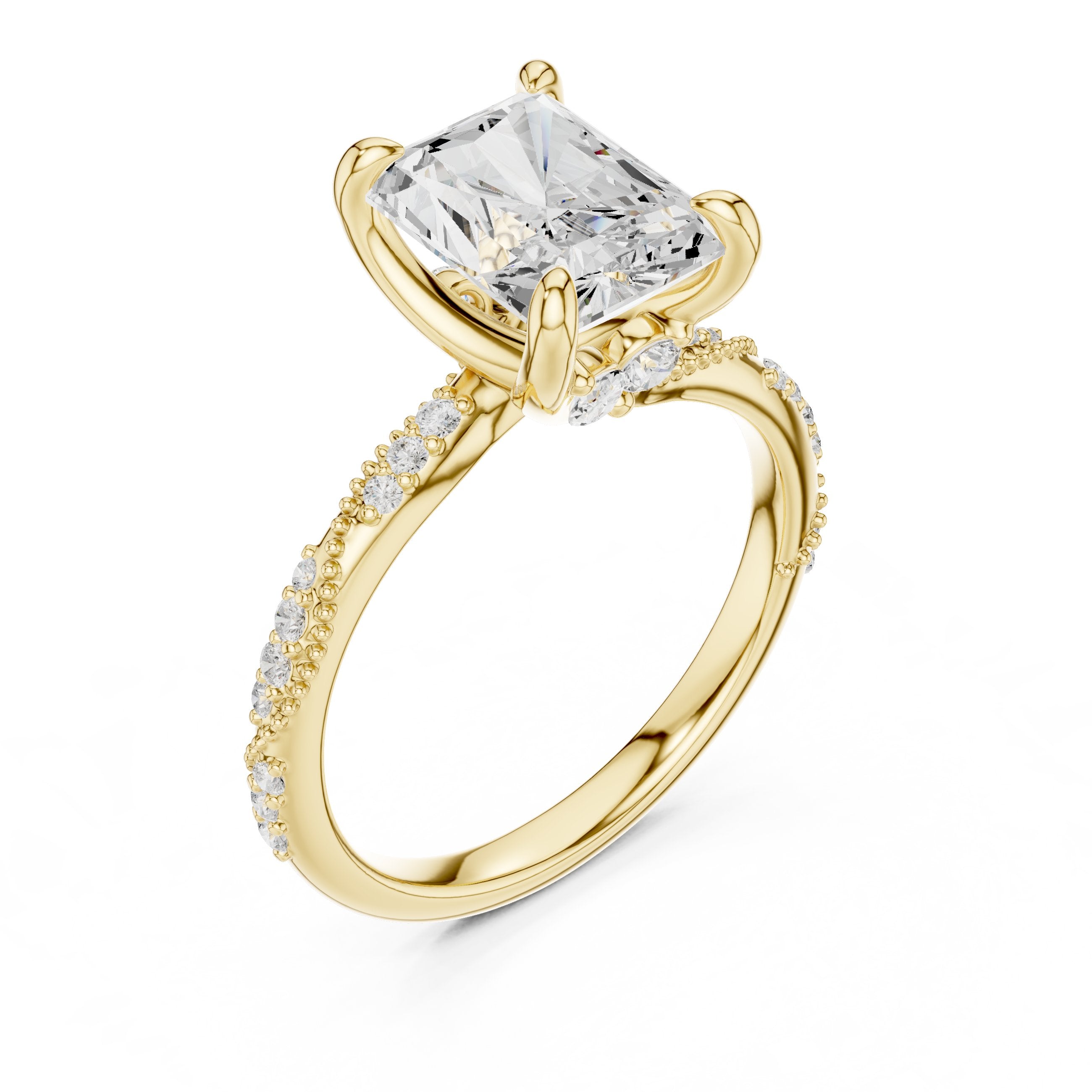 Radiant Cut Engagement Ring with Twisted Pavé Band in Yellow Gold - VYKA Diamonds