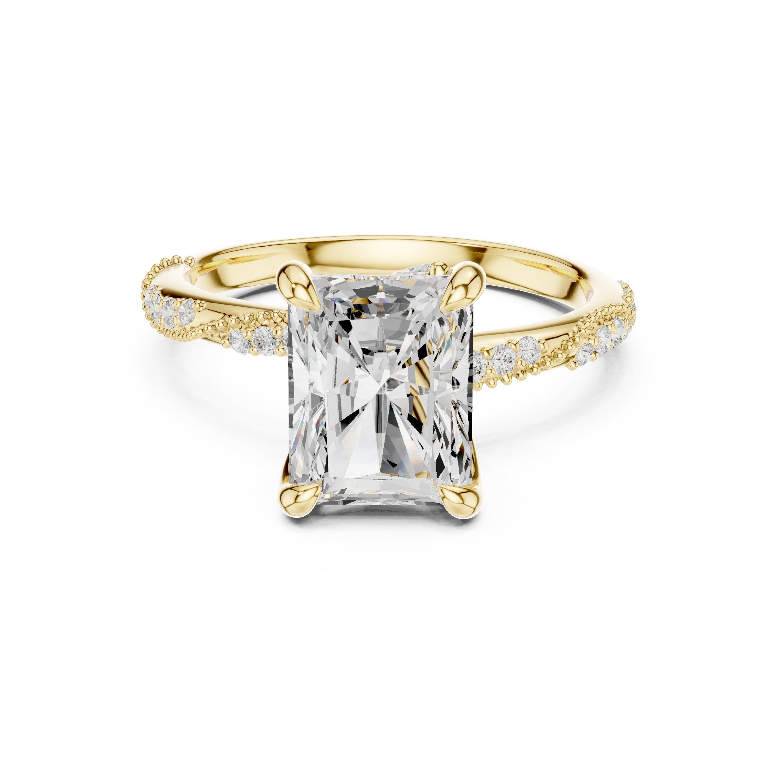 Radiant Cut Engagement Ring with Twisted Pavé Band in Yellow Gold - VYKA Diamonds