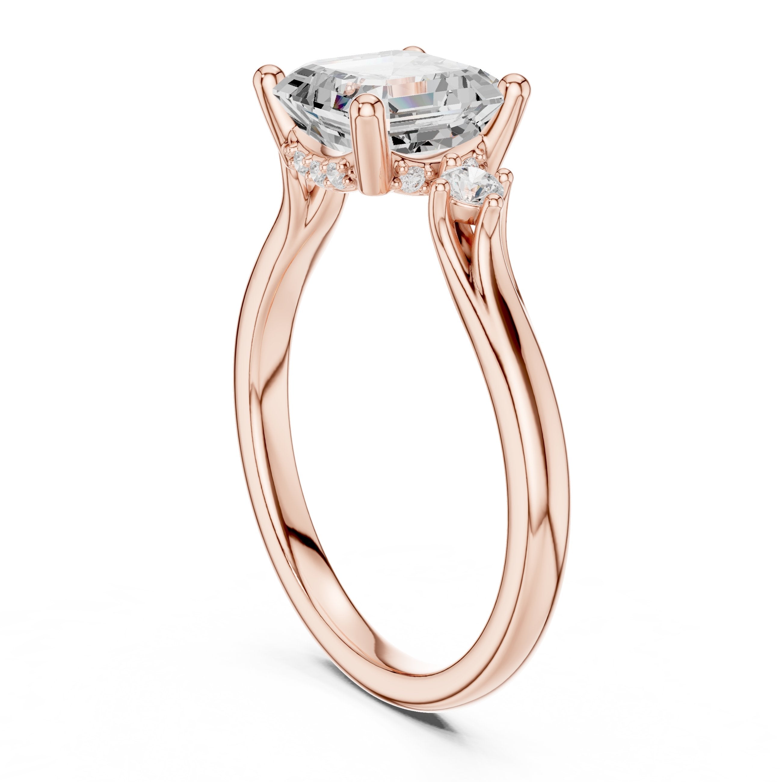 Asscher Cut Engagement Ring with Round Side Accents in Rose Gold - VYKA Diamonds