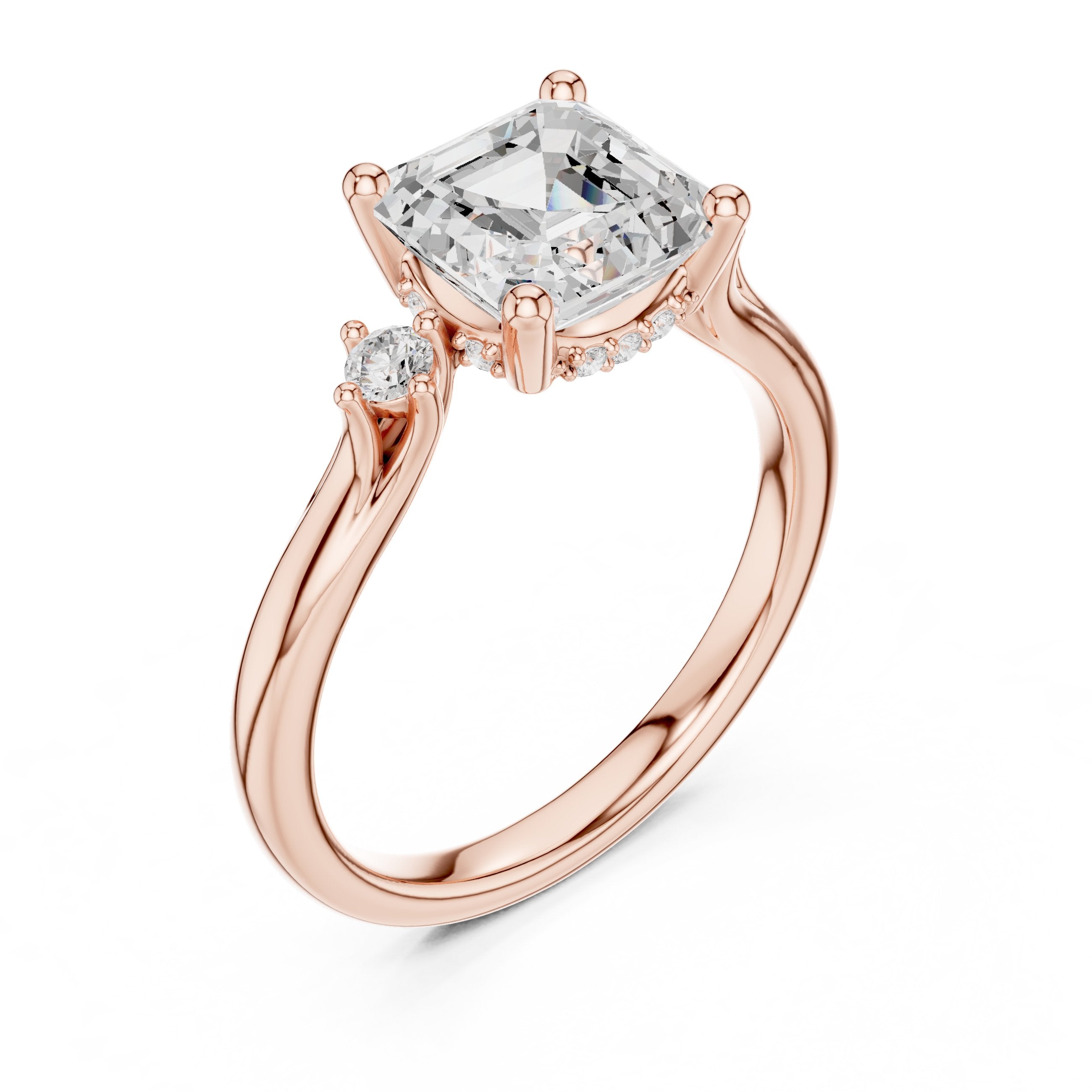 Asscher Cut Engagement Ring with Round Side Accents in Rose Gold - VYKA Diamonds