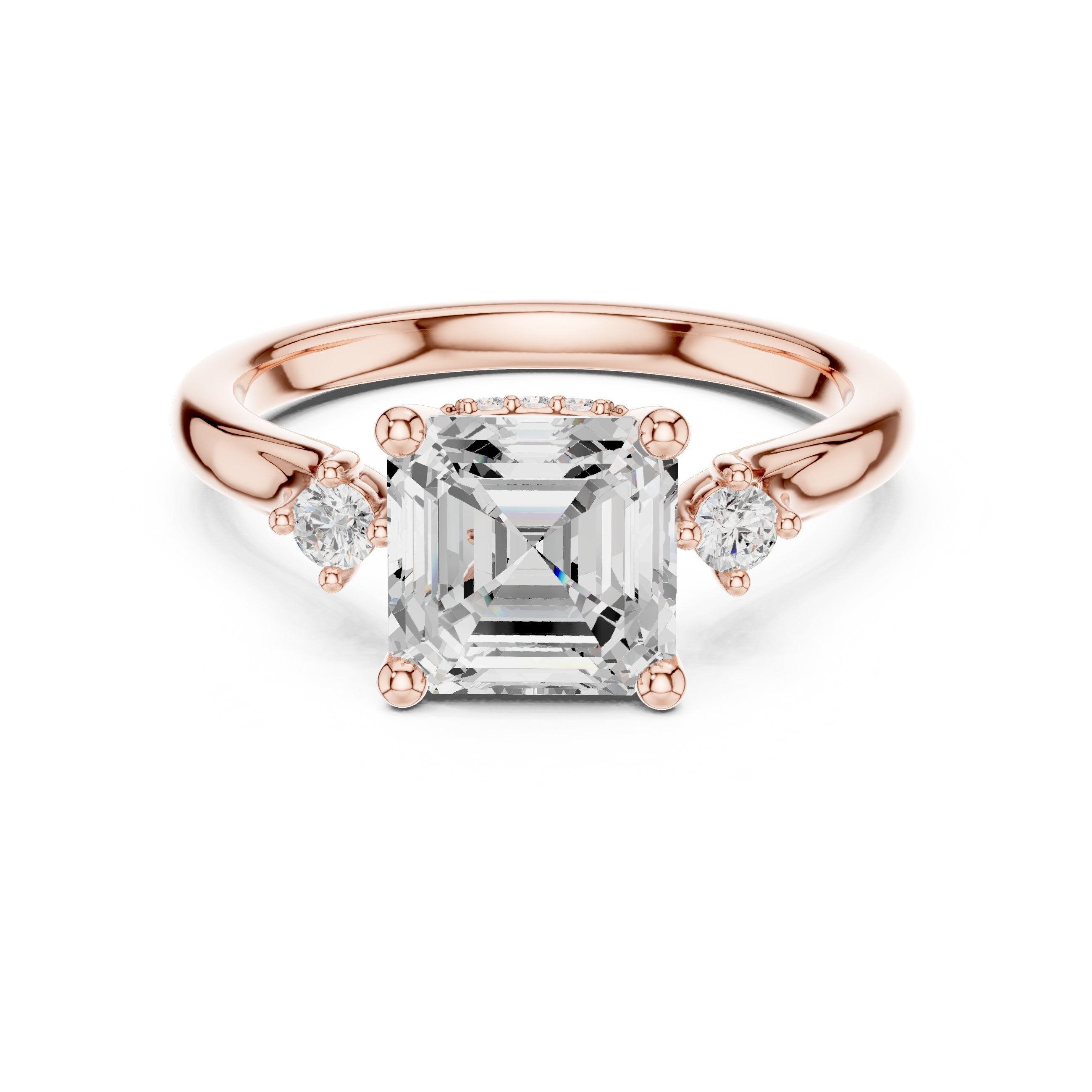 Asscher Cut Engagement Ring with Round Side Accents in Rose Gold - VYKA Diamonds