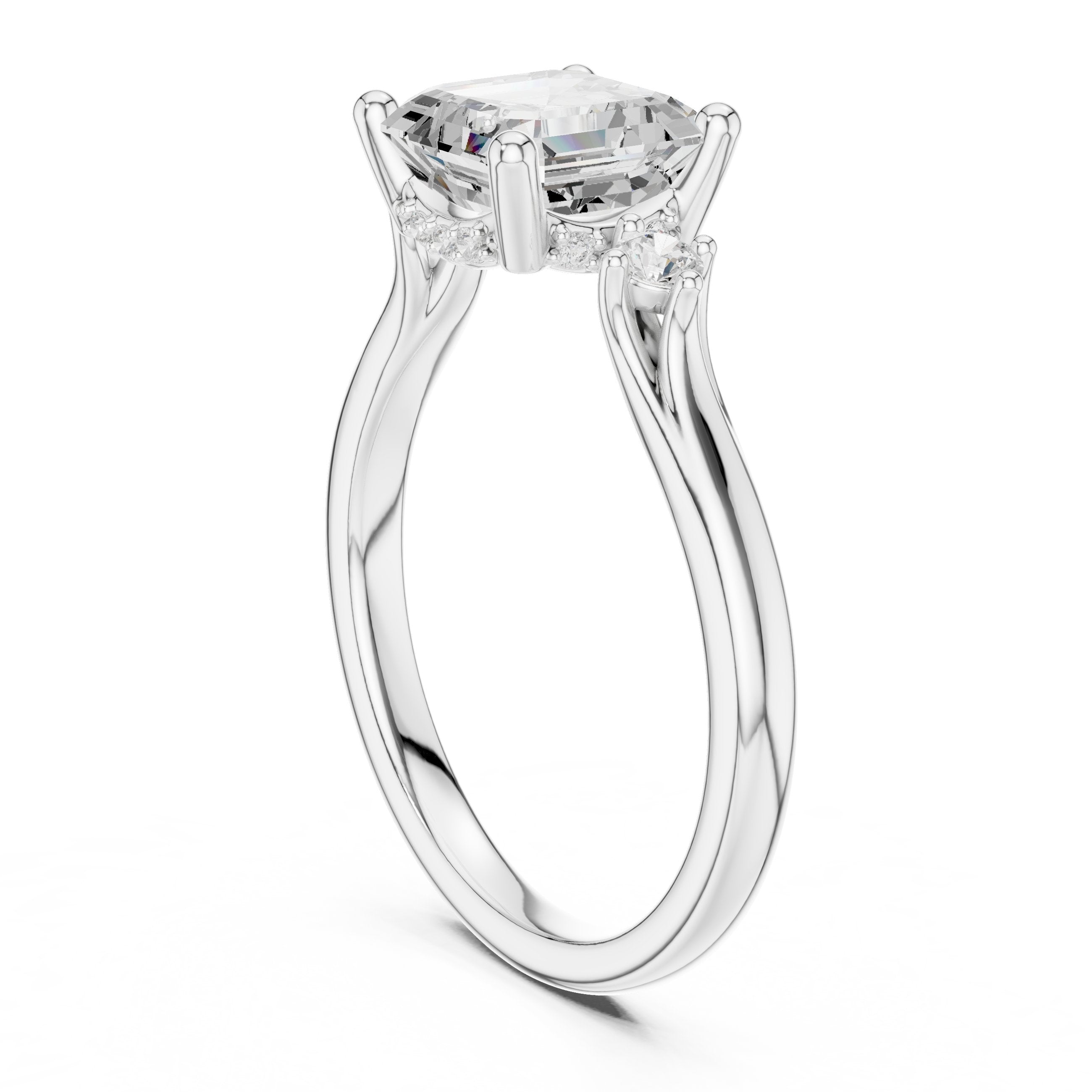 Asscher Cut Engagement Ring with Round Side Accents in White Gold - VYKA Diamonds