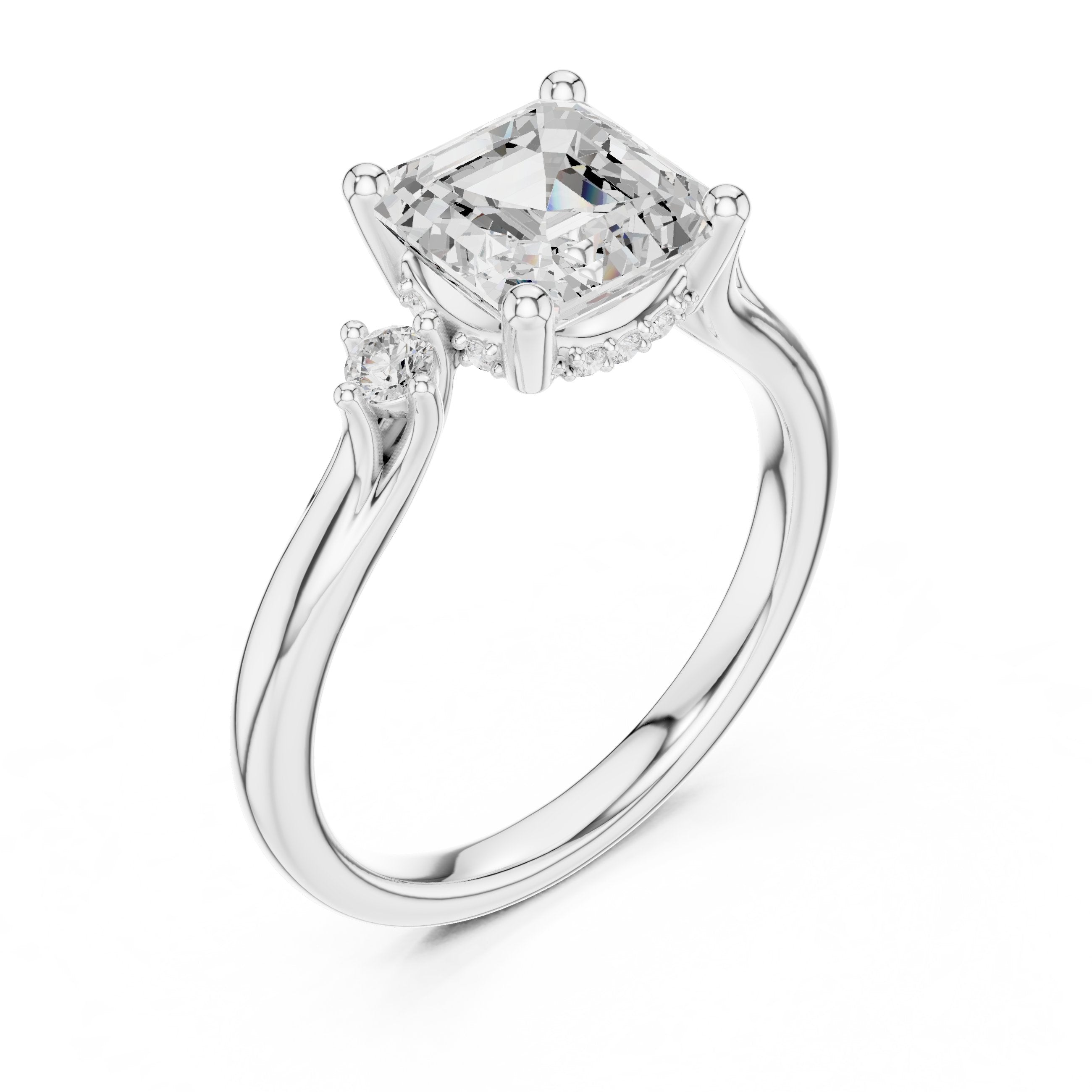 Asscher Cut Engagement Ring with Round Side Accents in White Gold - VYKA Diamonds