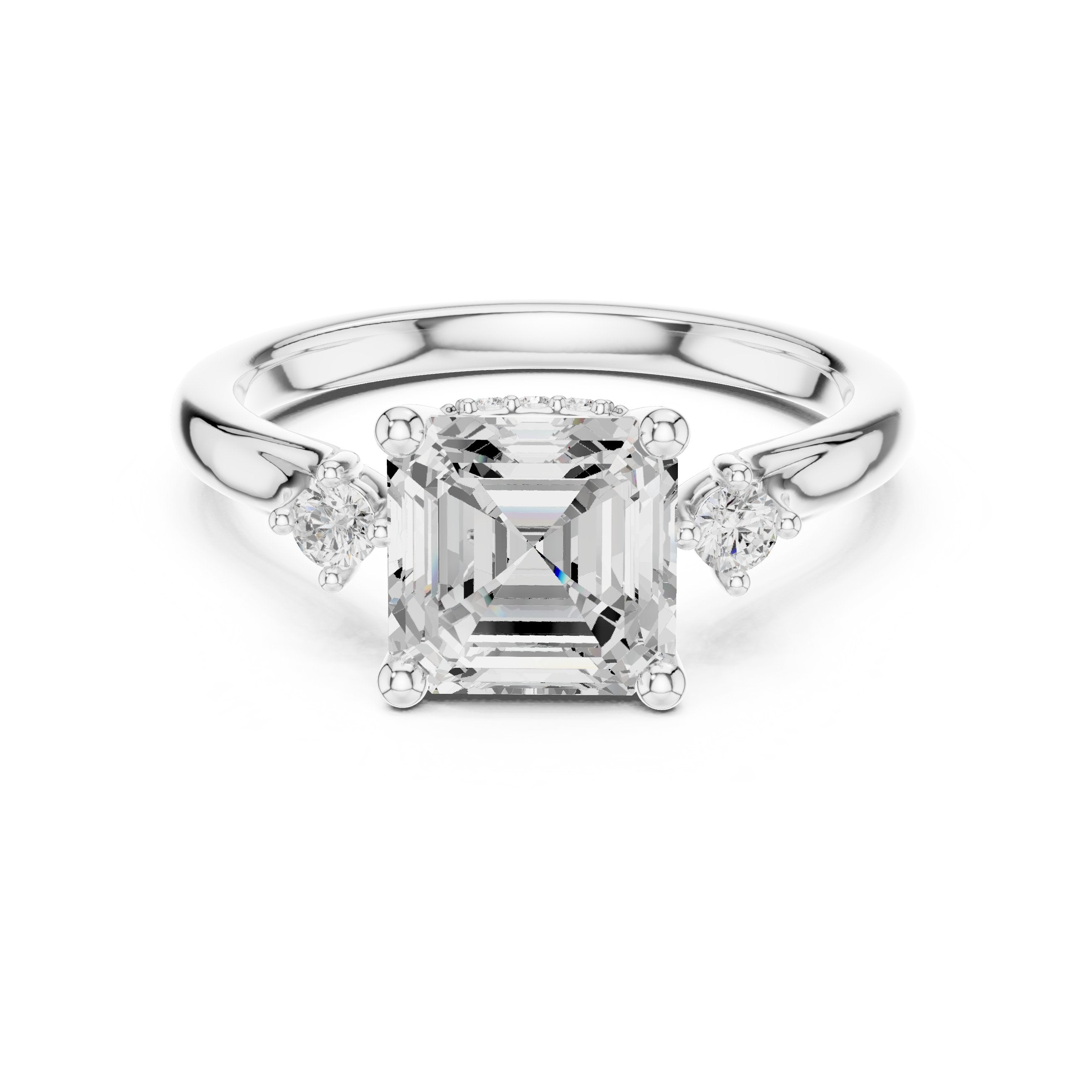 Asscher Cut Engagement Ring with Round Side Accents in White Gold - VYKA Diamonds