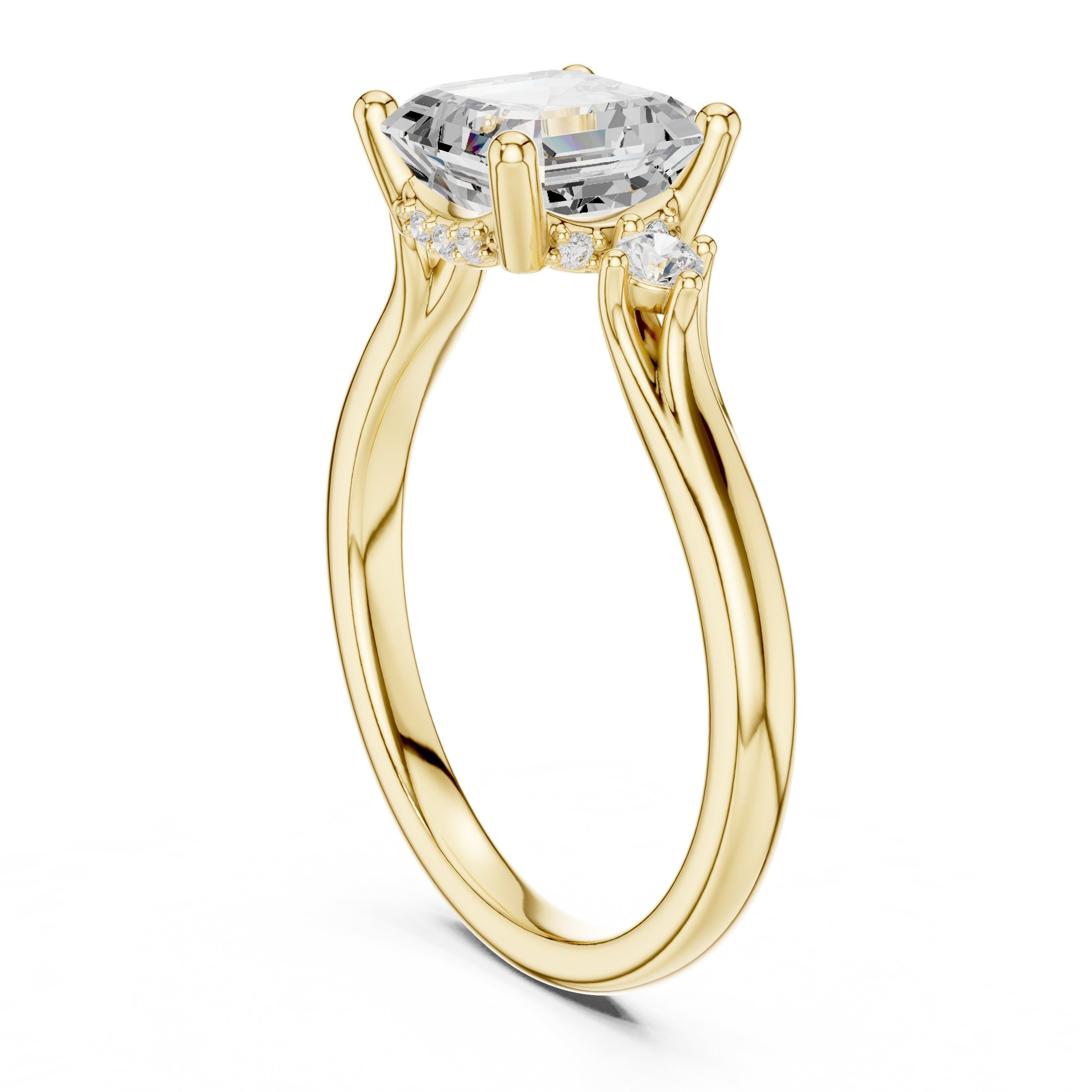 Asscher Cut Engagement Ring with Round Side Accents in Yellow Gold - VYKA Diamonds