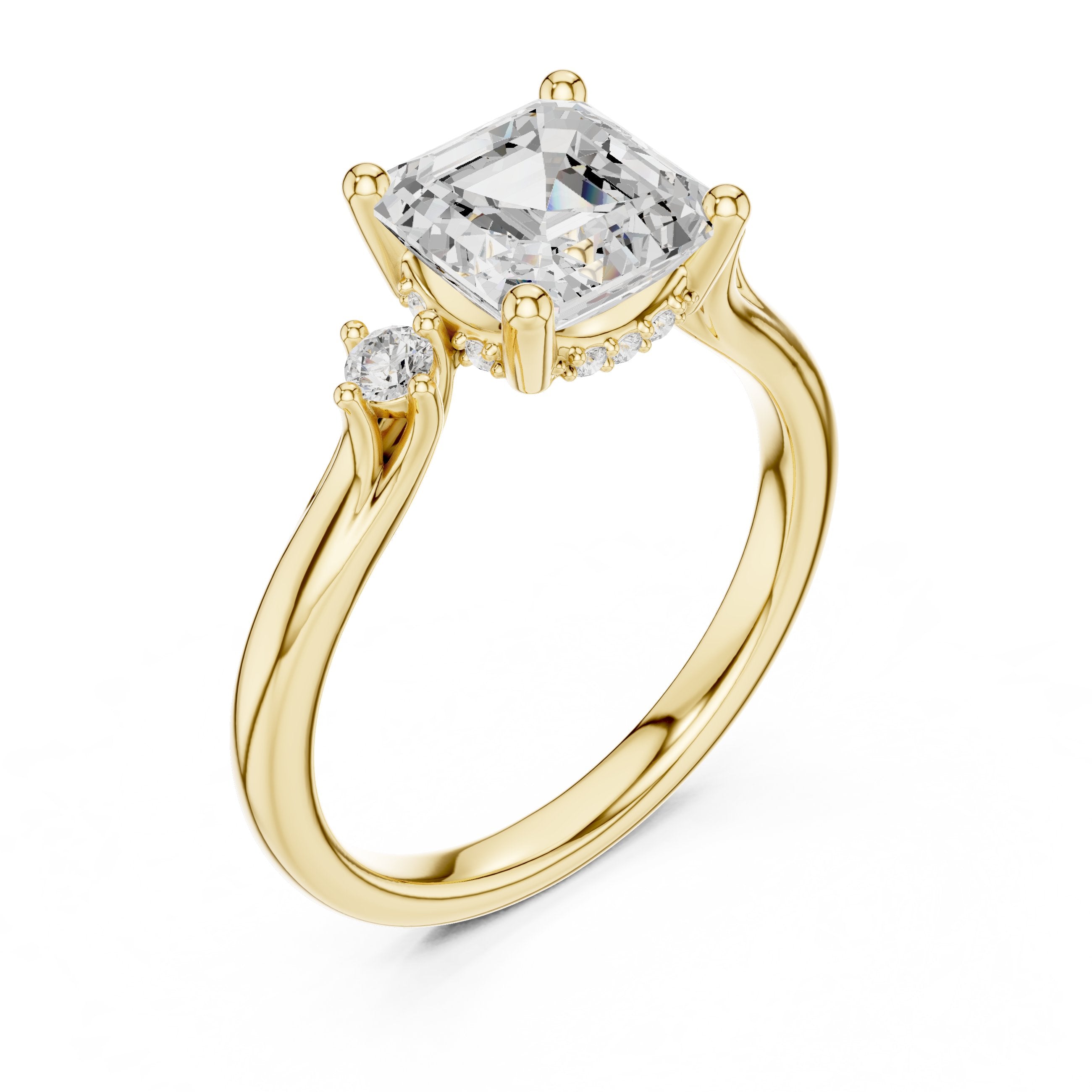Asscher Cut Engagement Ring with Round Side Accents in Yellow Gold - VYKA Diamonds