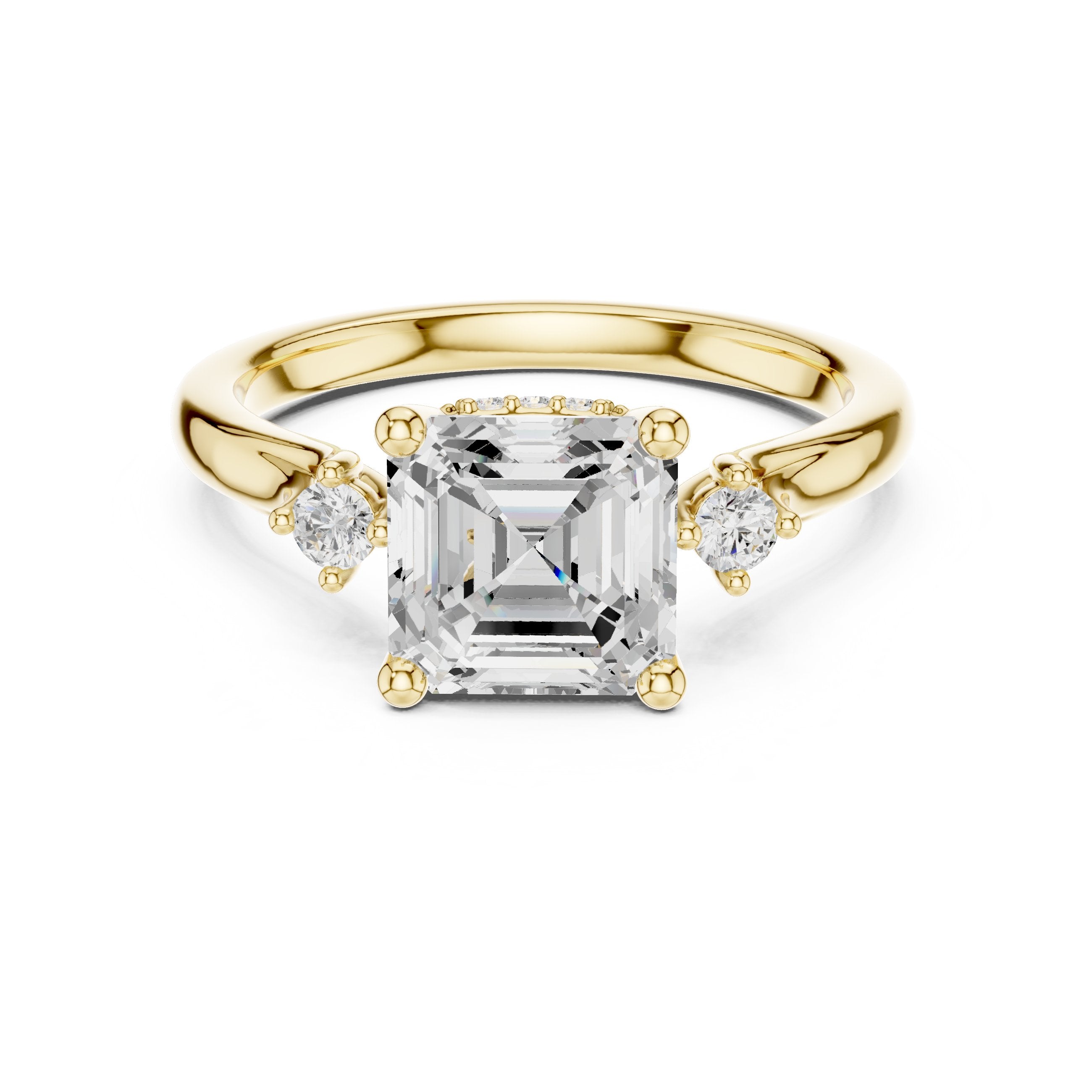 Asscher Cut Engagement Ring with Round Side Accents in Yellow Gold - VYKA Diamonds