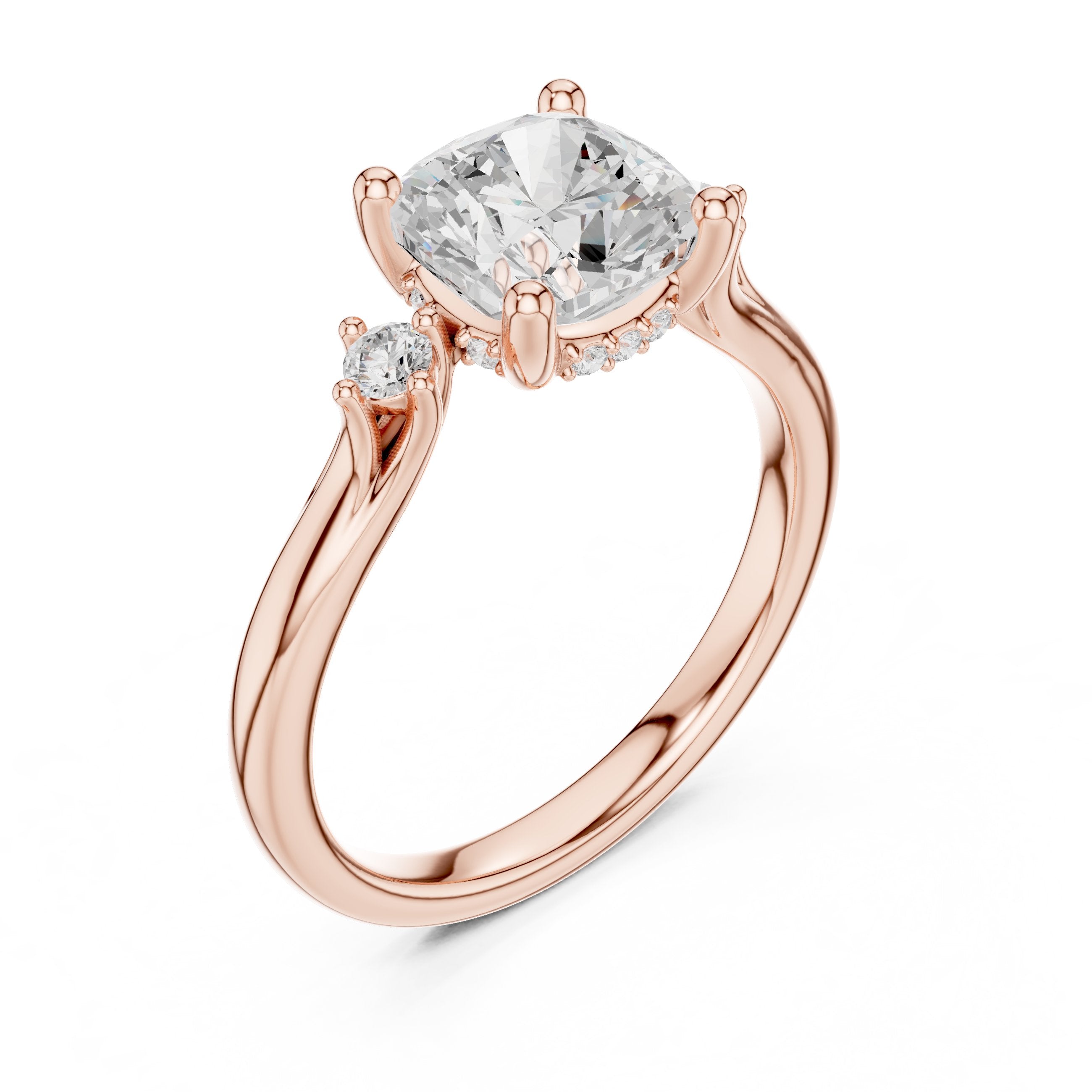 Cushion Cut Engagement Ring with Round Side Accents in Rose Gold - VYKA Diamonds