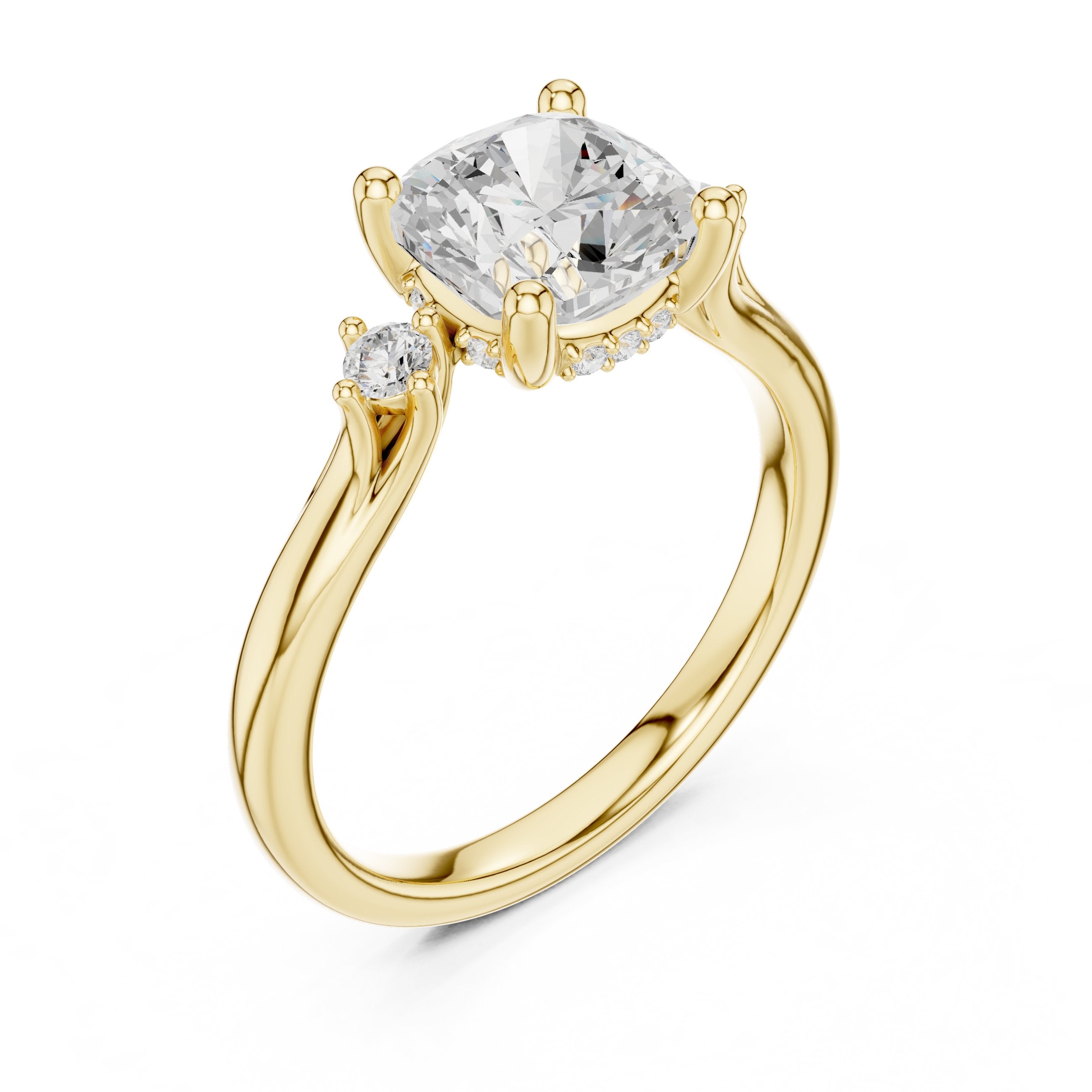Cushion Cut Engagement Ring with Round Side Accents in Yellow Gold - VYKA Diamonds