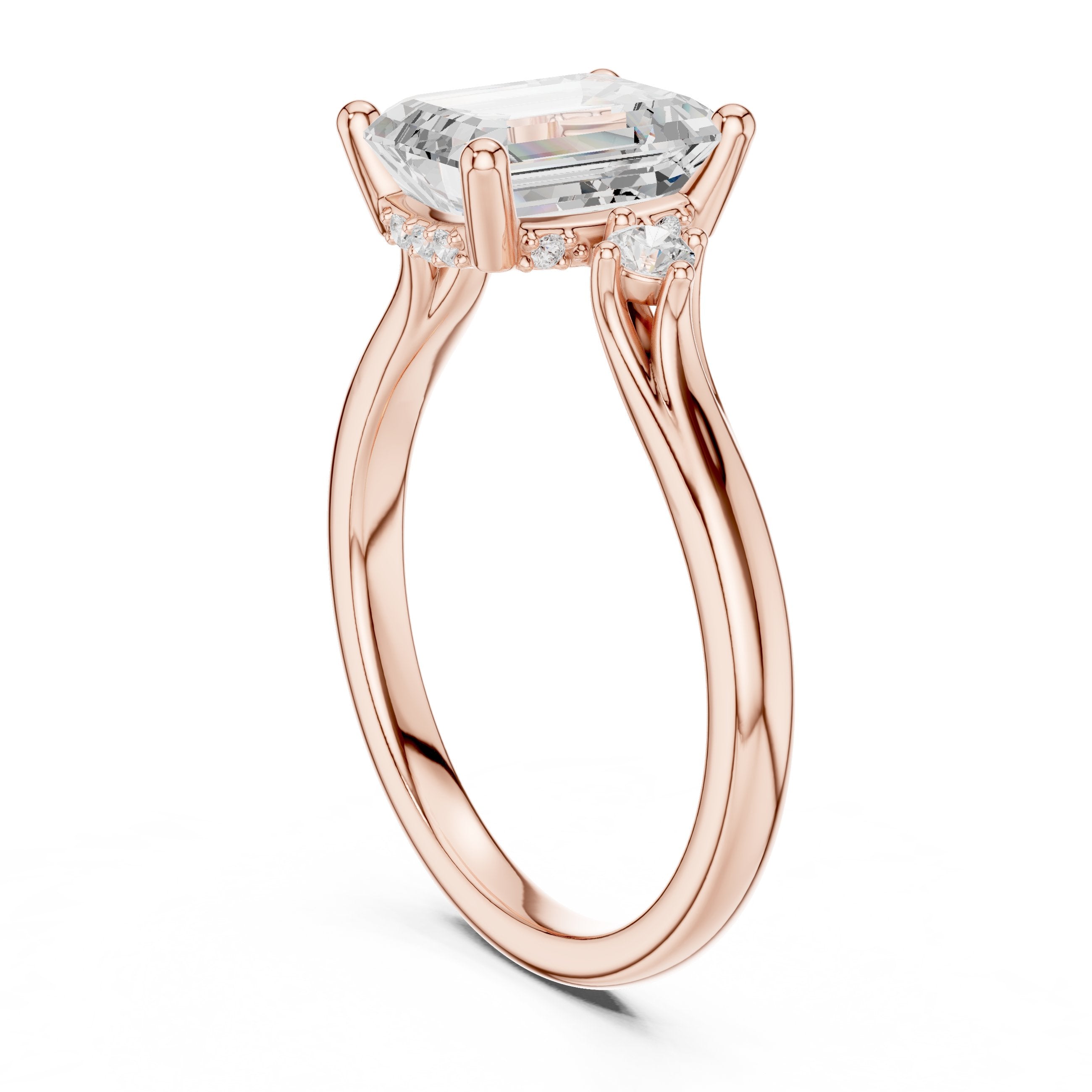 Emerald Cut Engagement Ring with Round Side Accents in Rose Gold - VYKA Diamonds