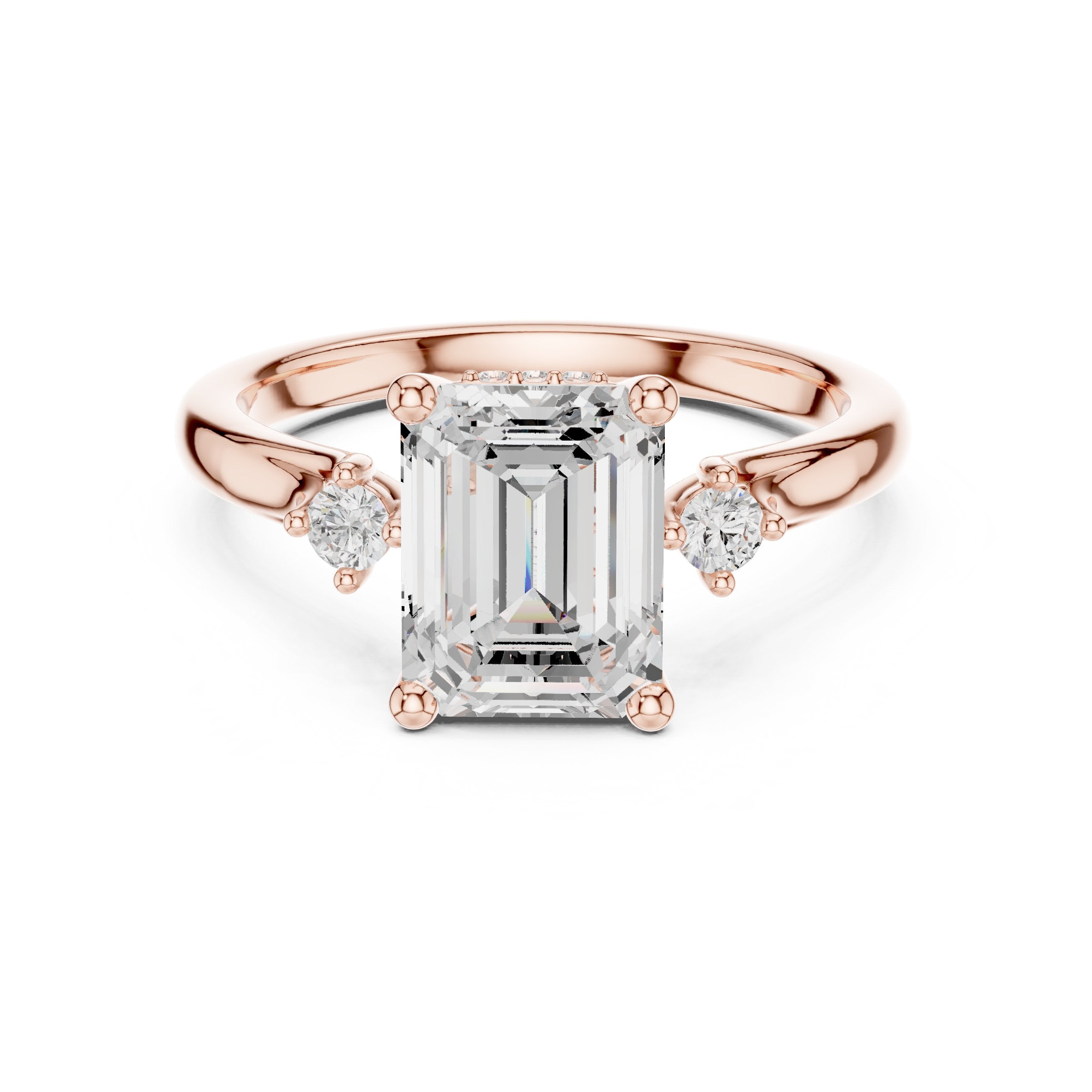 Emerald Cut Engagement Ring with Round Side Accents in Rose Gold - VYKA Diamonds