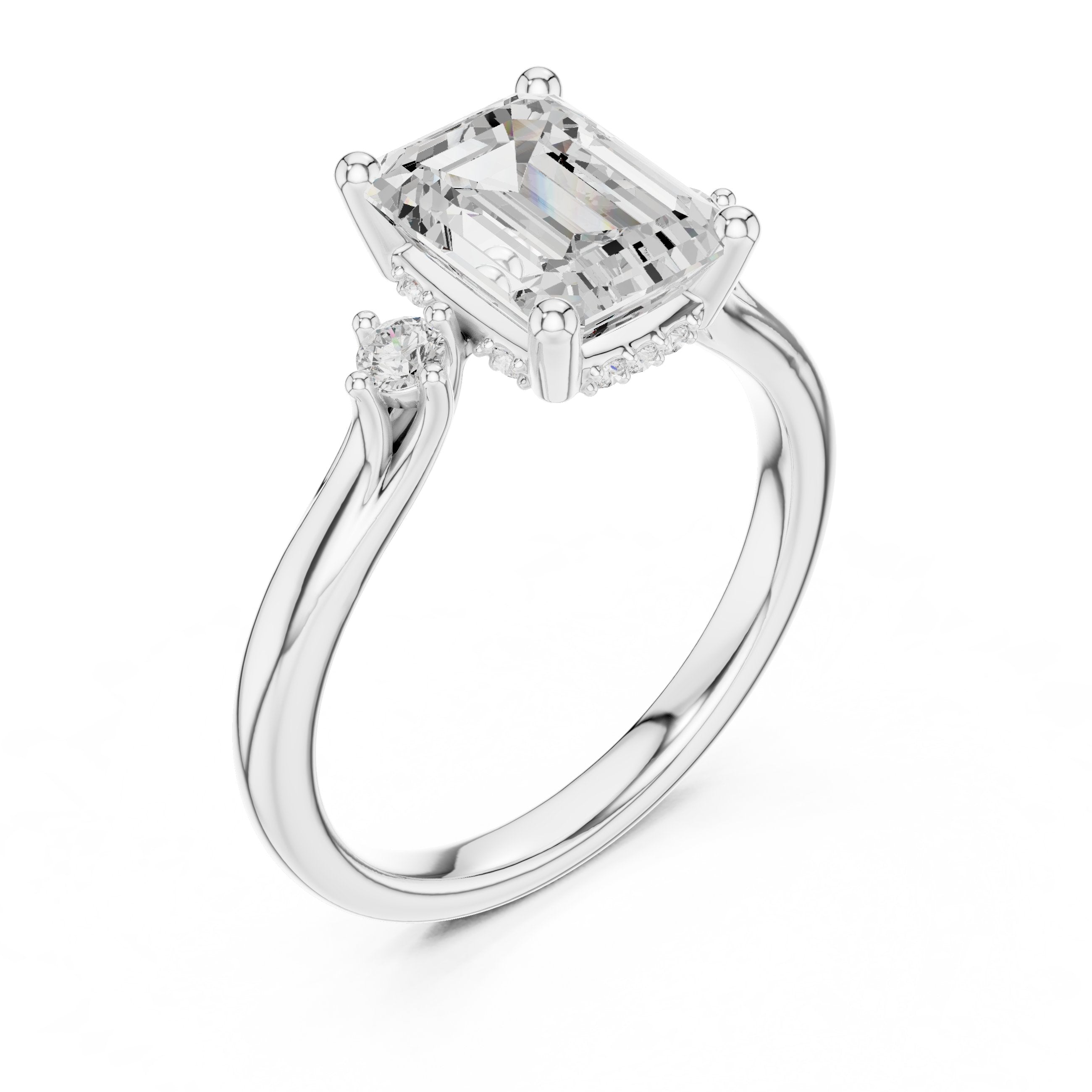 Emerald Cut Engagement Ring with Round Side Accents in White Gold - VYKA Diamonds