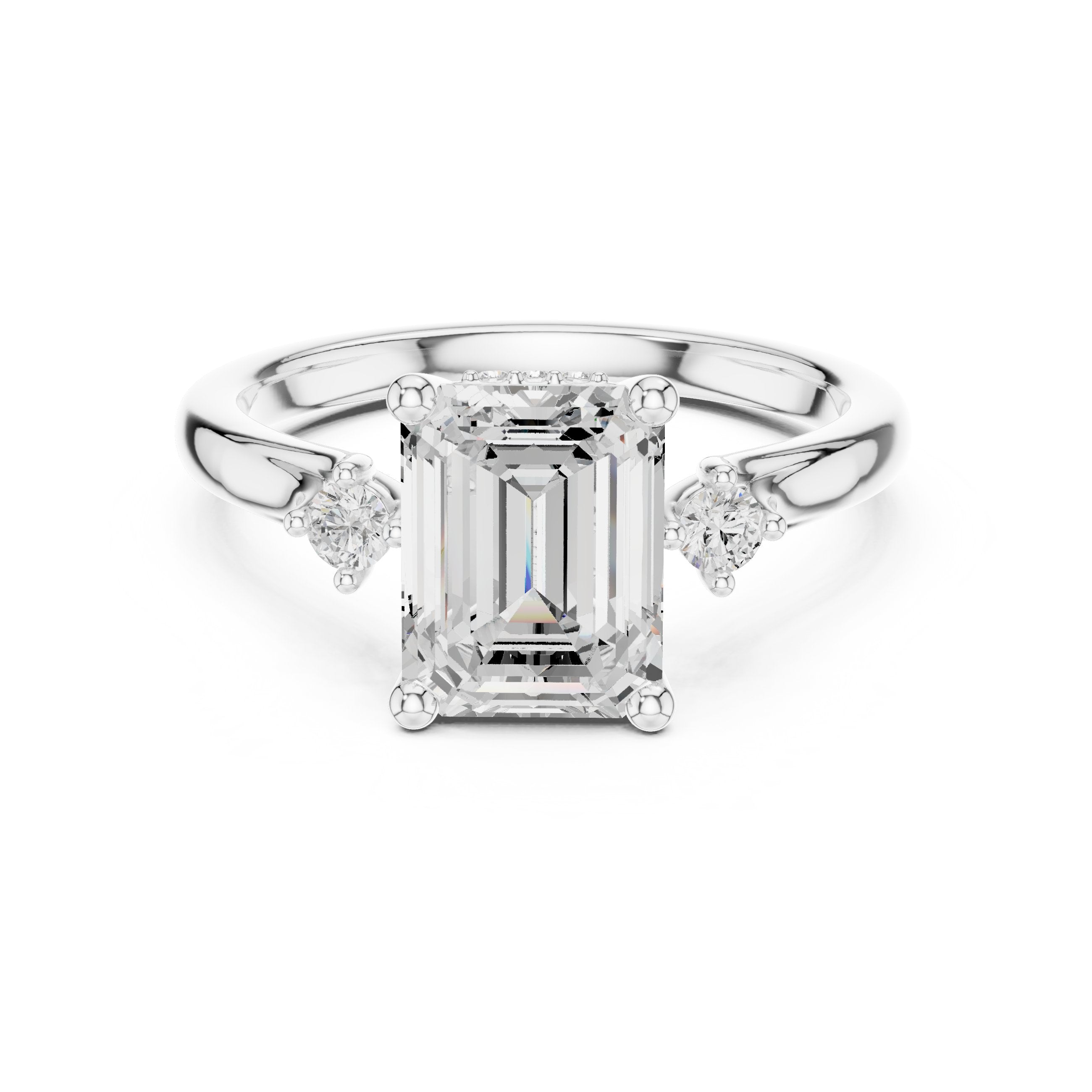Emerald Cut Engagement Ring with Round Side Accents in White Gold - VYKA Diamonds