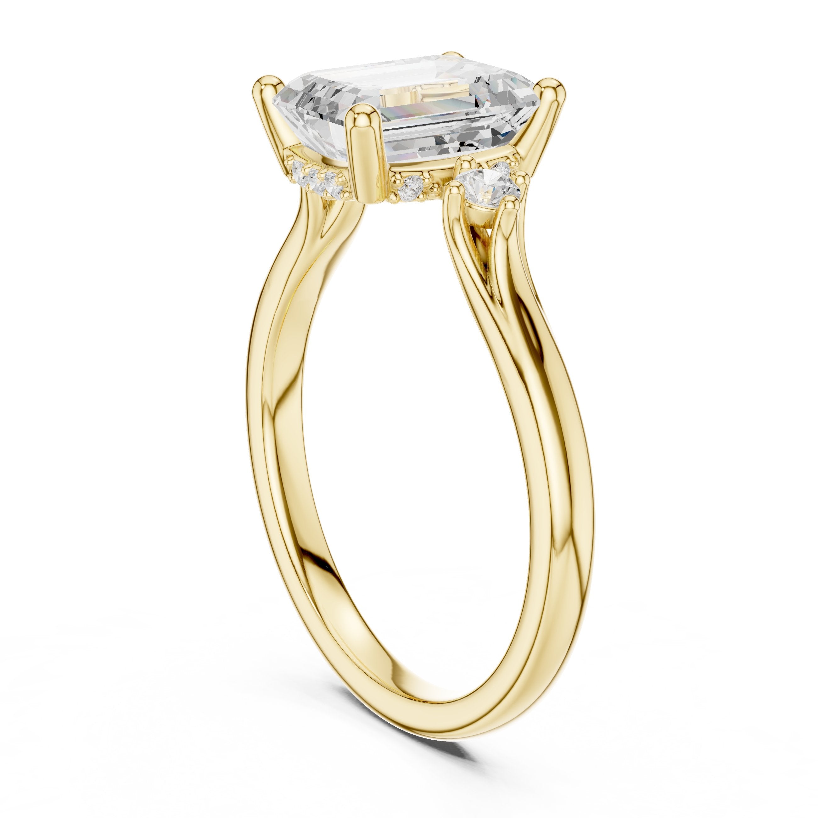 Emerald Cut Engagement Ring with Round Side Accents in Yellow Gold - VYKA Diamonds