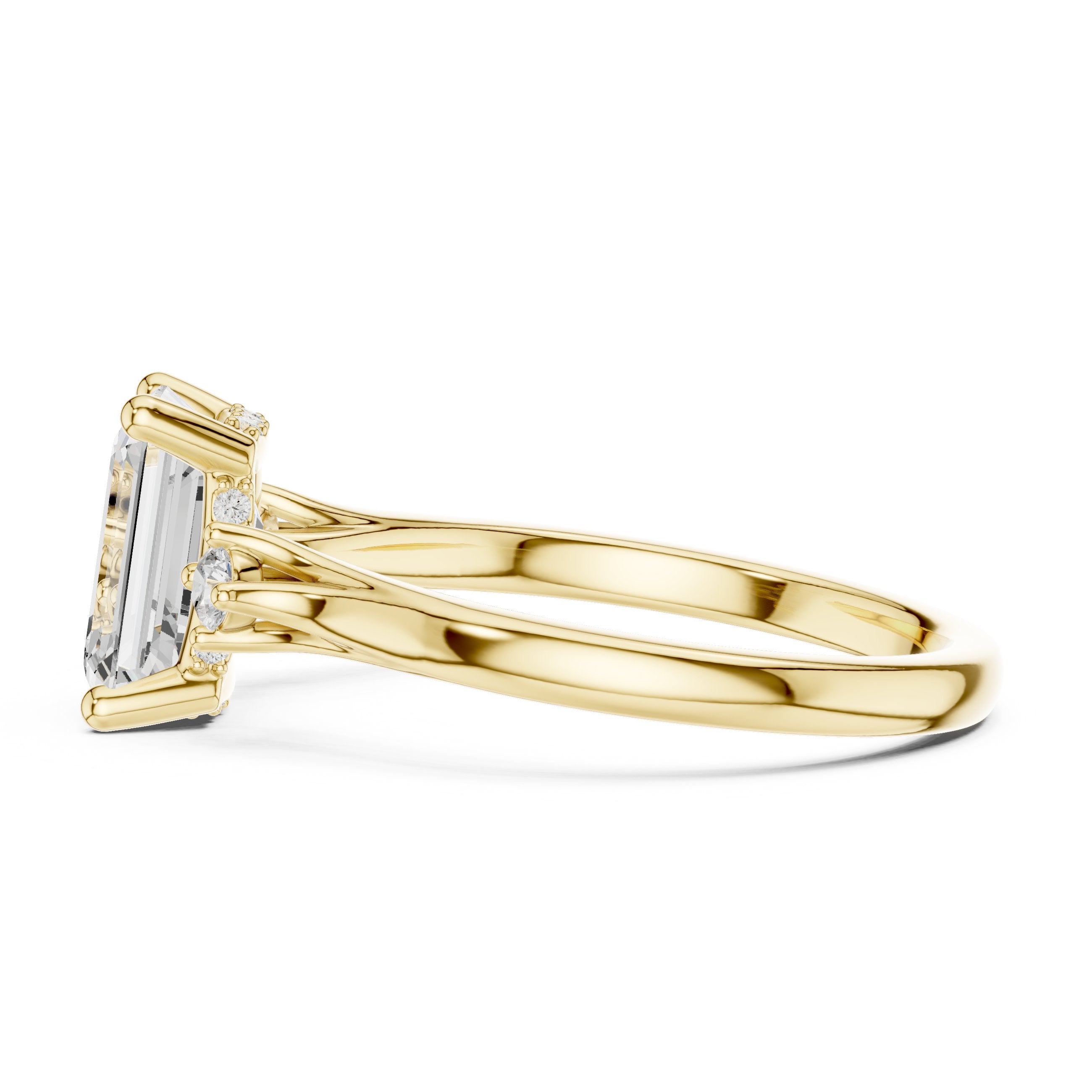 Emerald Cut Engagement Ring with Round Side Accents in Yellow Gold - VYKA Diamonds