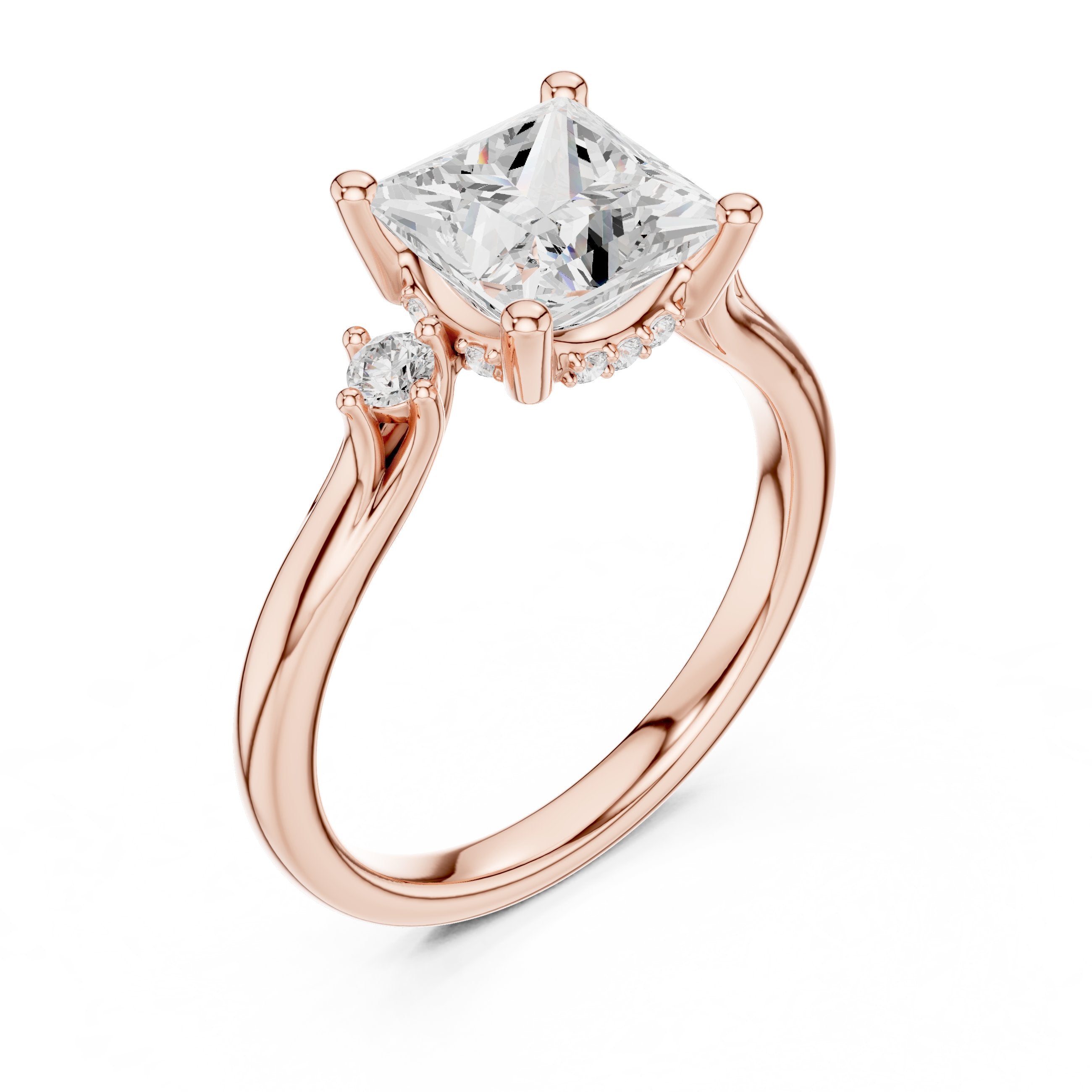 Princess Cut Engagement Ring with Round Side Accents in Rose Gold - VYKA Diamonds