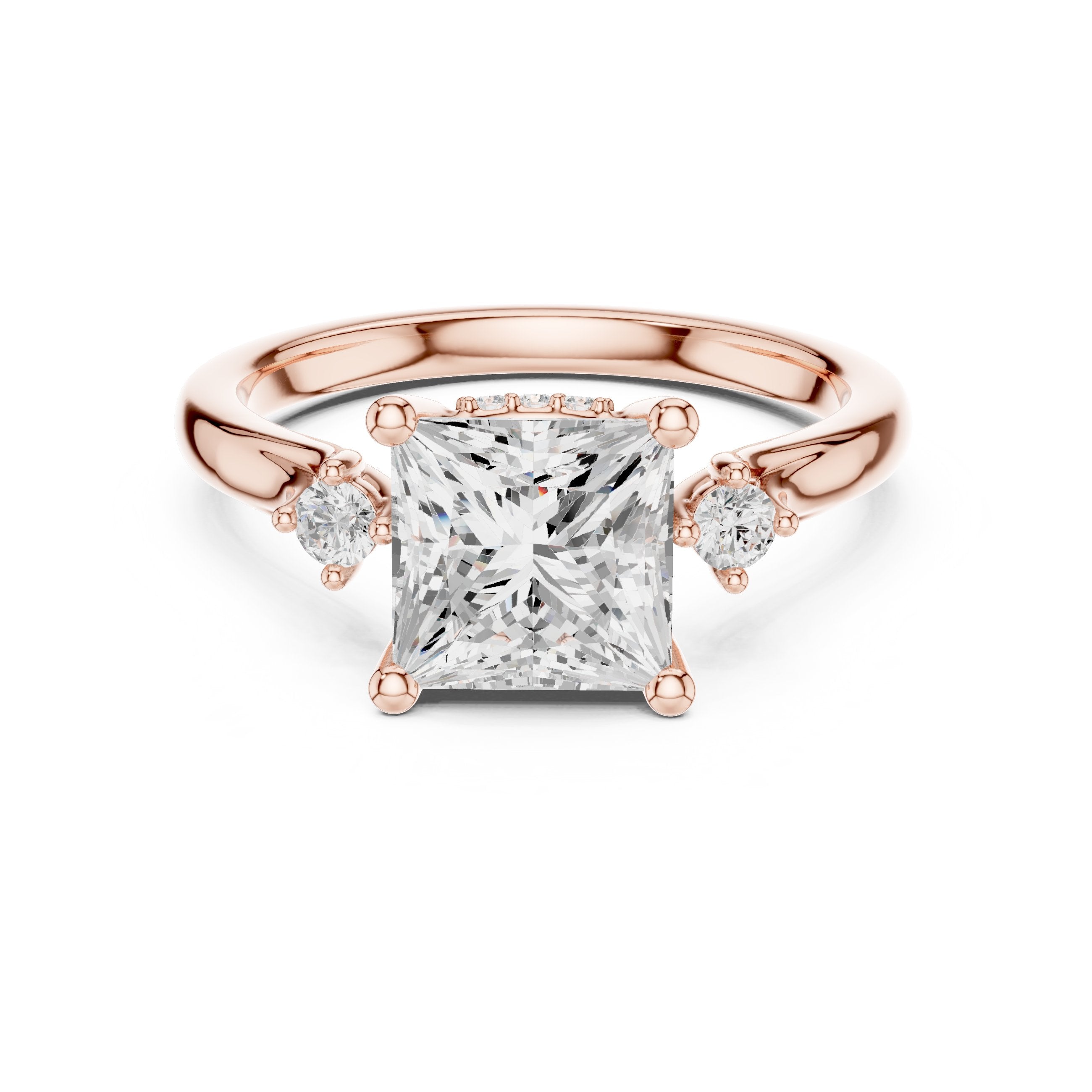 Princess Cut Engagement Ring with Round Side Accents in Rose Gold - VYKA Diamonds