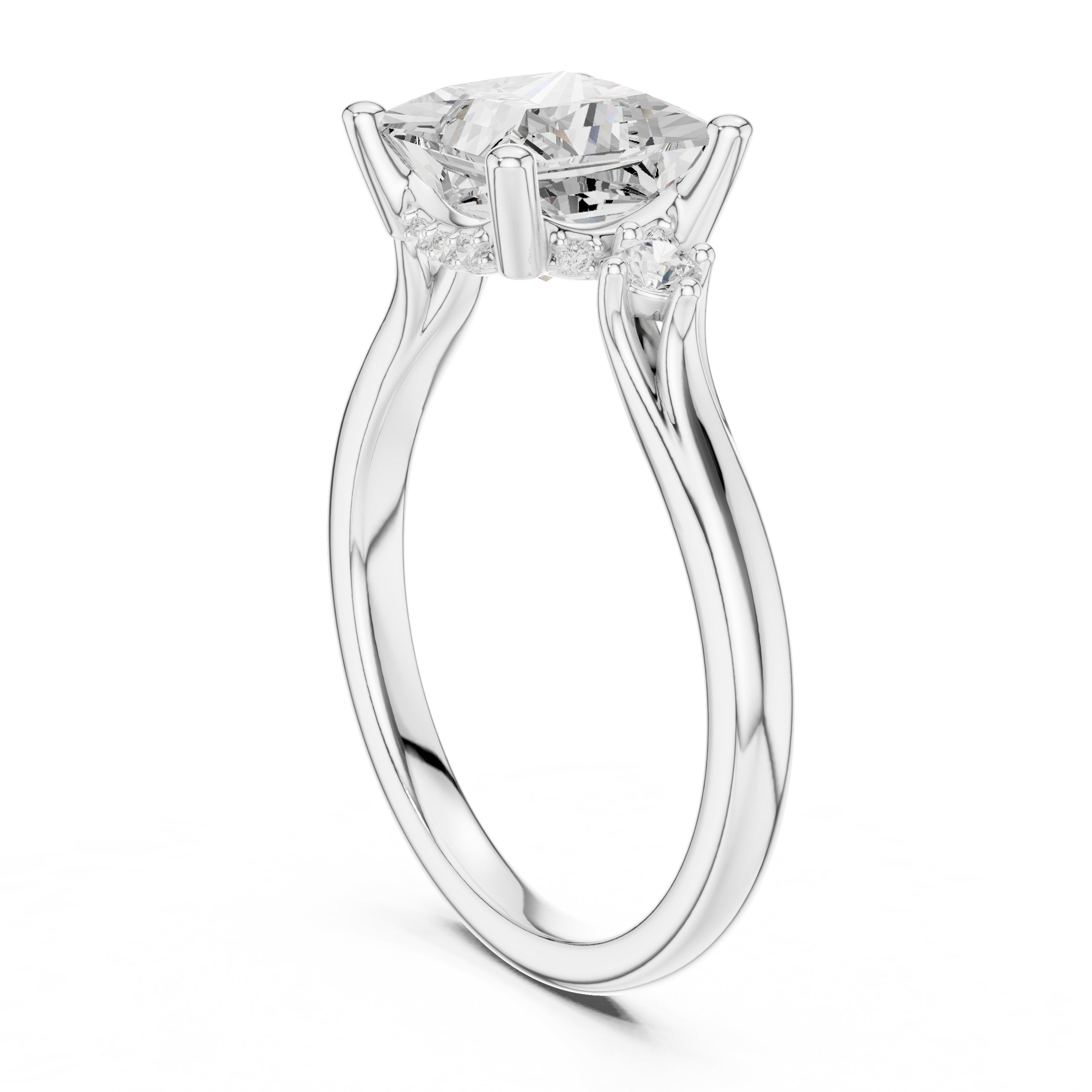 Princess Cut Engagement Ring with Round Side Accents in White Gold - VYKA Diamonds