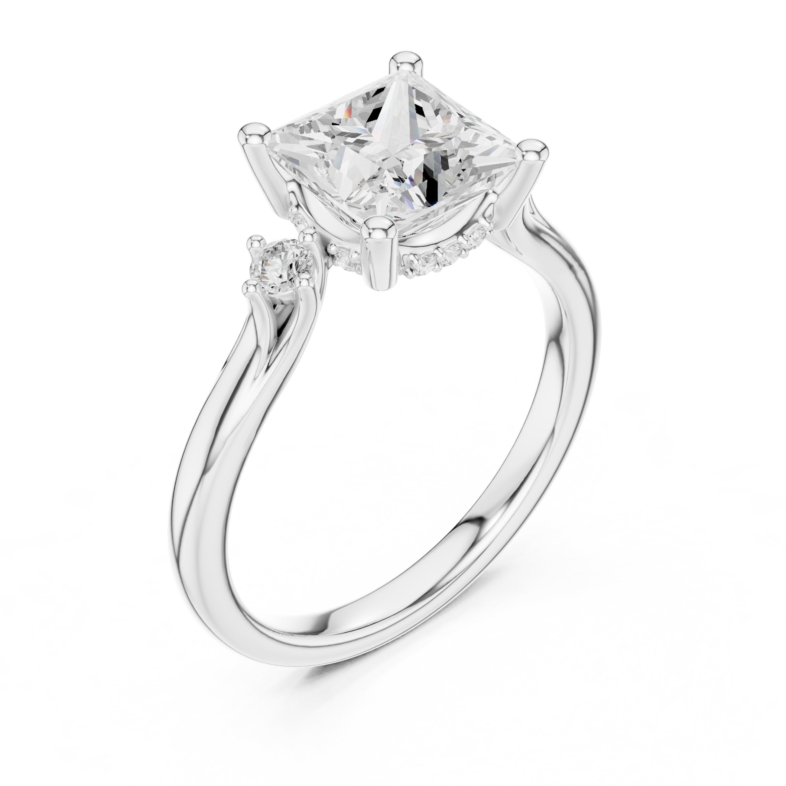 Princess Cut Engagement Ring with Round Side Accents in White Gold - VYKA Diamonds