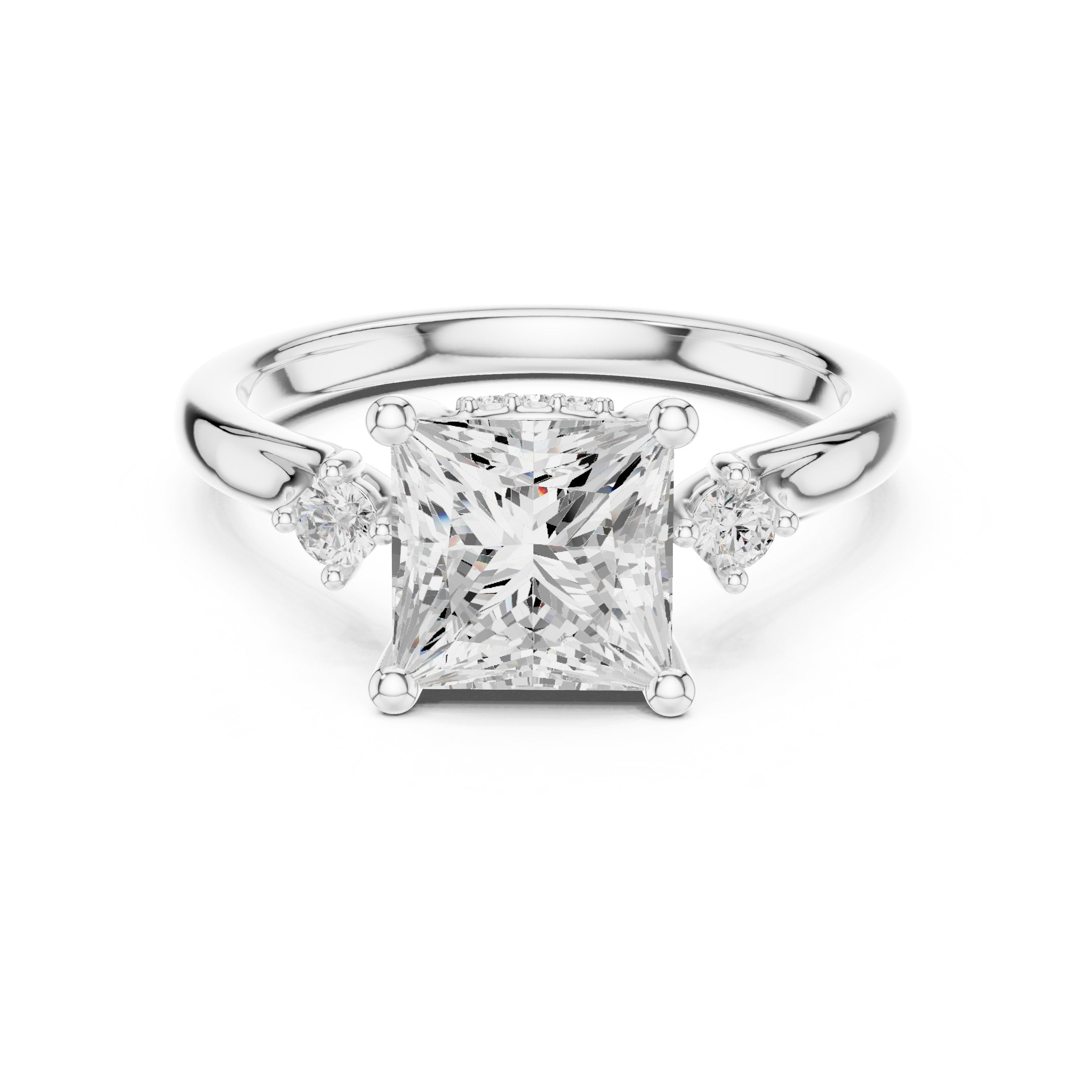 Princess Cut Engagement Ring with Round Side Accents in White Gold - VYKA Diamonds