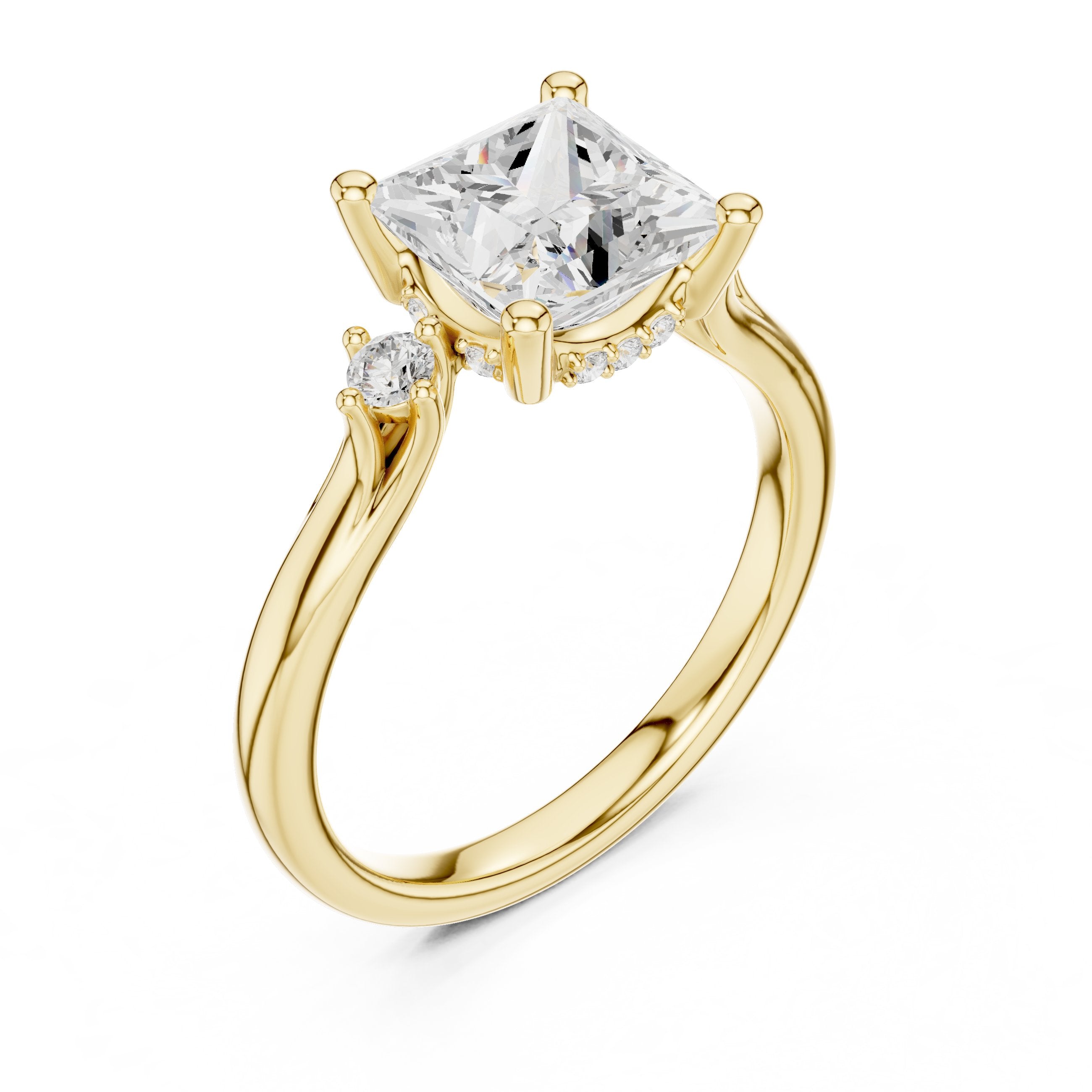 Princess Cut Engagement Ring with Round Side Accents in Yellow Gold - VYKA Diamonds