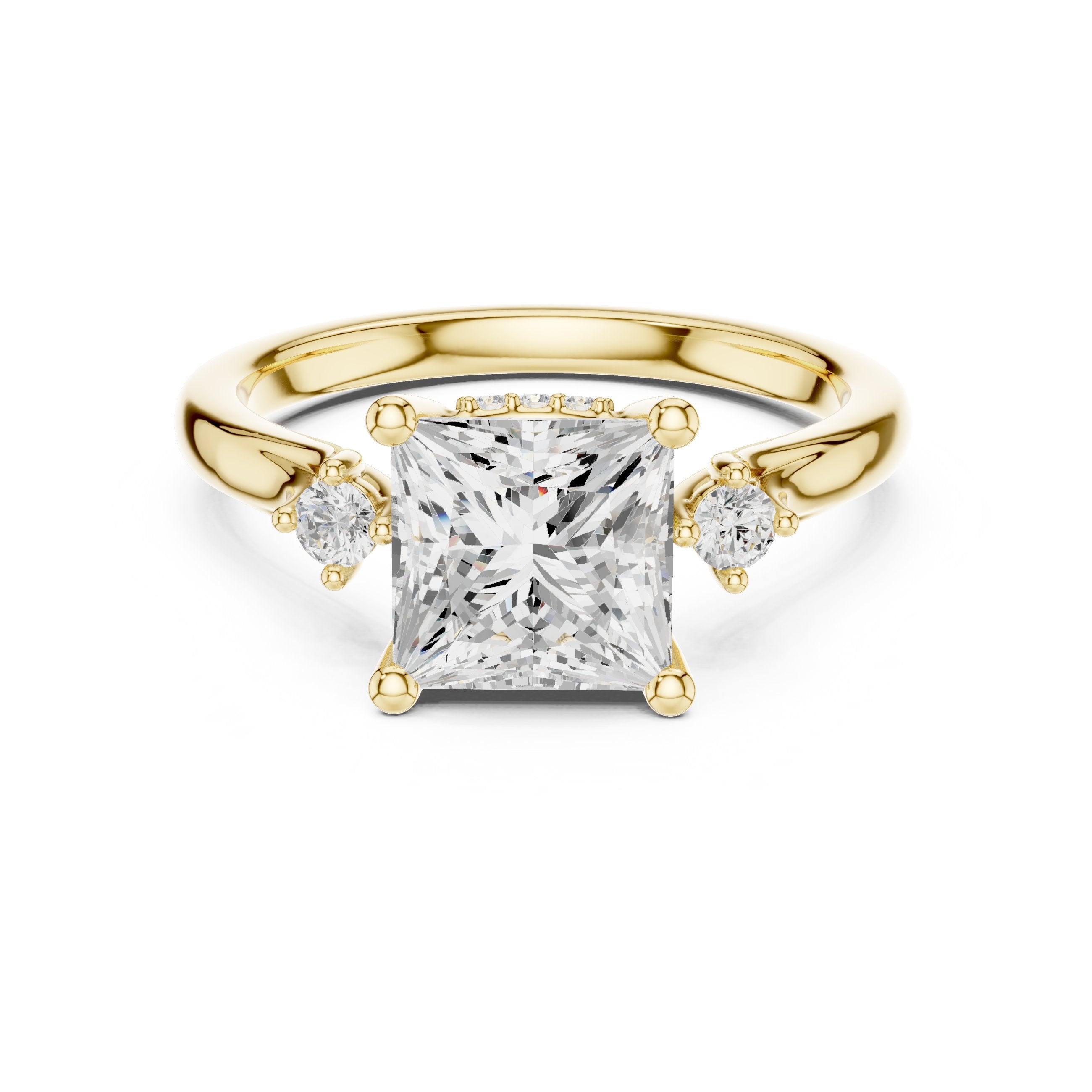 Princess Cut Engagement Ring with Round Side Accents in Yellow Gold - VYKA Diamonds