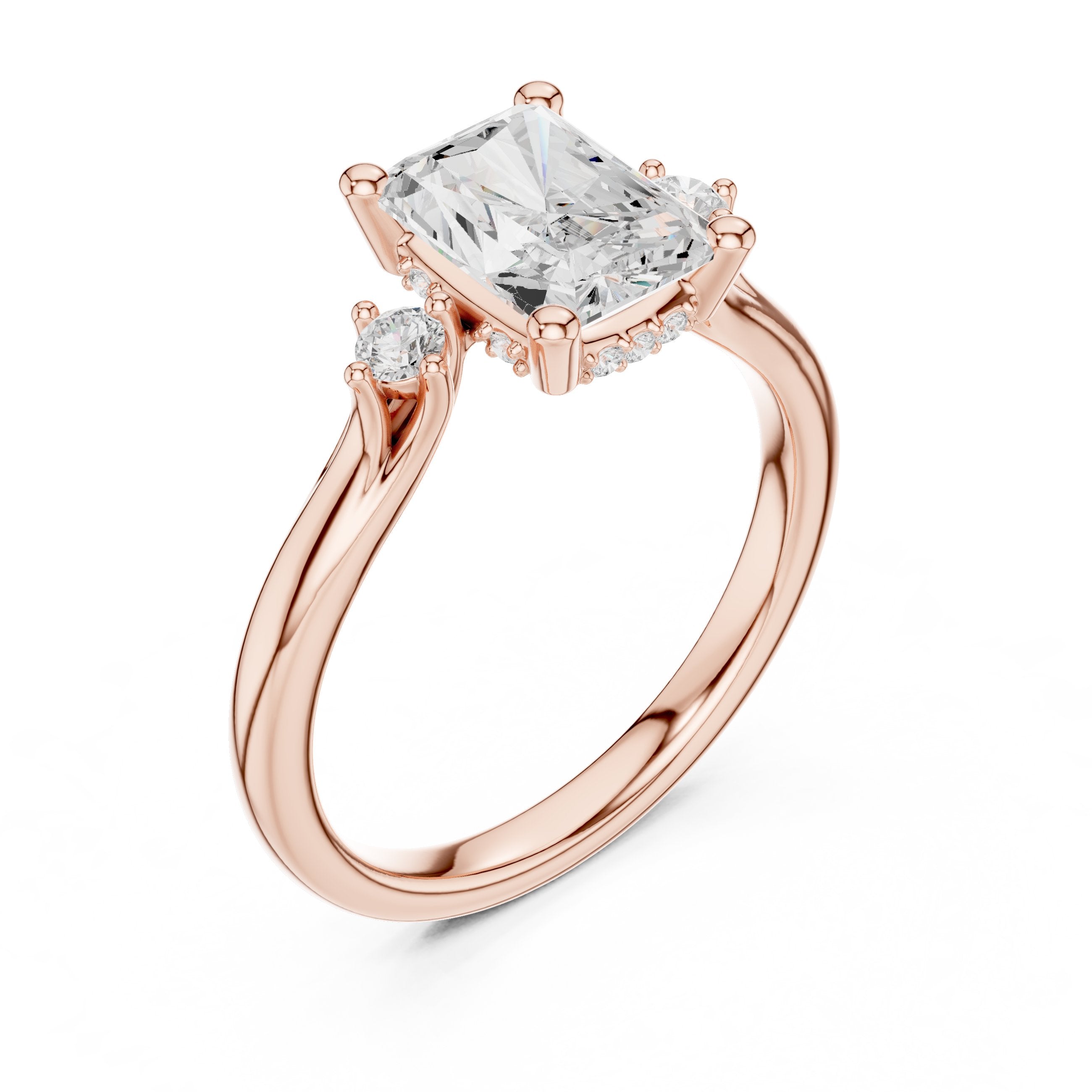 Radiant Cut Engagement Ring with Round Side Accents in Rose Gold - VYKA Diamonds