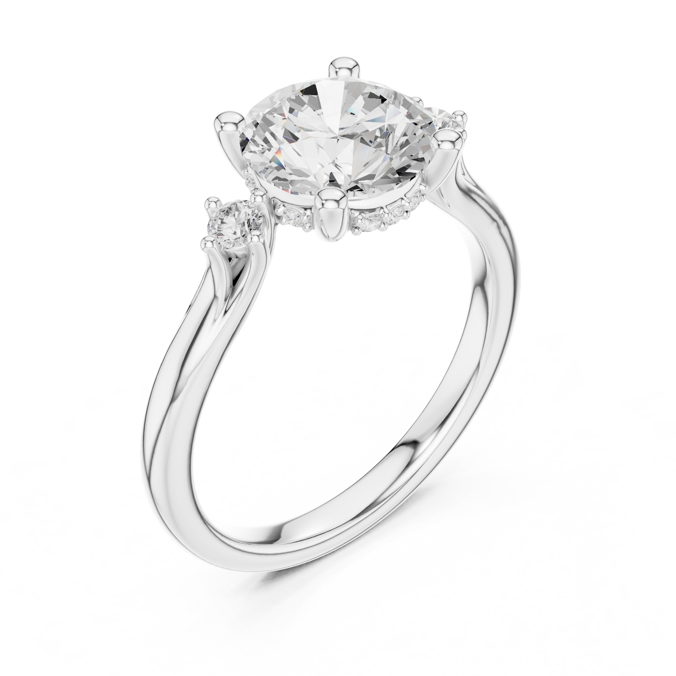 Round Diamond Engagement Ring with Round Side Accents in White Gold - VYKA Diamonds