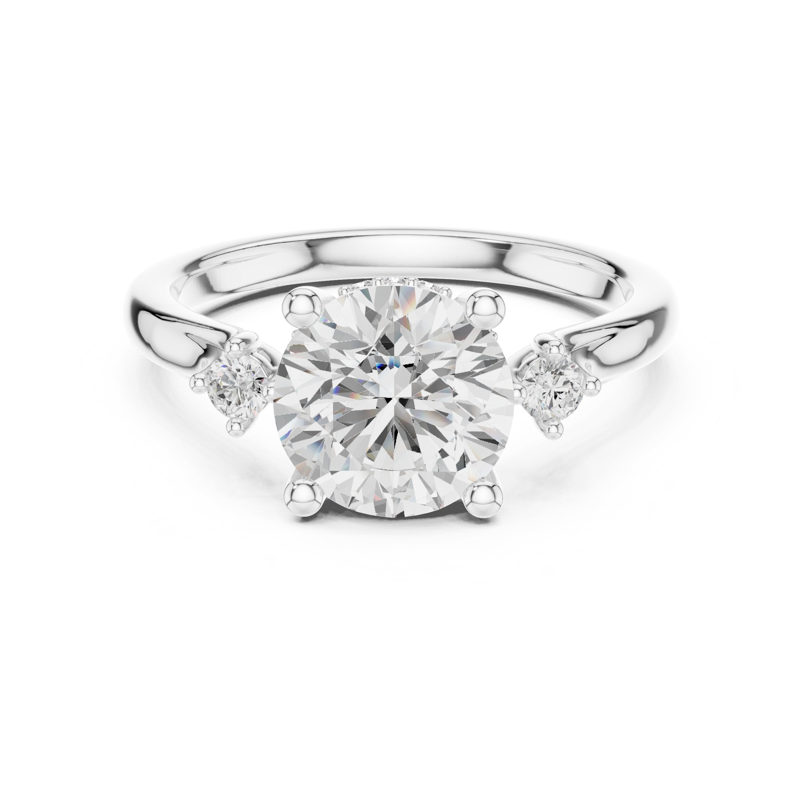 Round Diamond Engagement Ring with Round Side Accents in White Gold - VYKA Diamonds