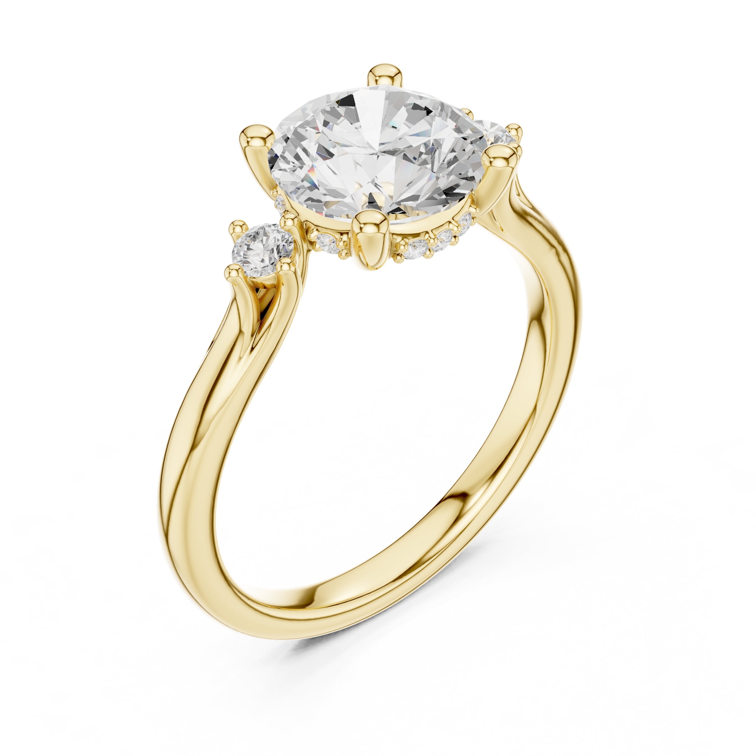 Round Diamond Engagement Ring with Round Side Accents in Yellow Gold - VYKA Diamonds